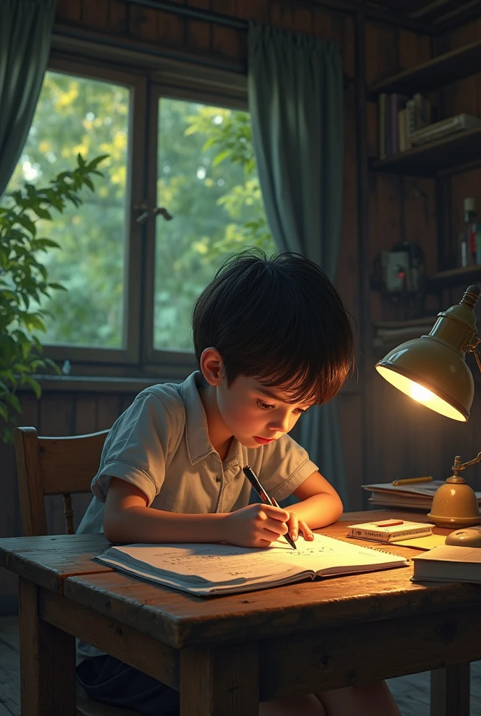 Create an image in which a boy study alone in the room with night bulb light