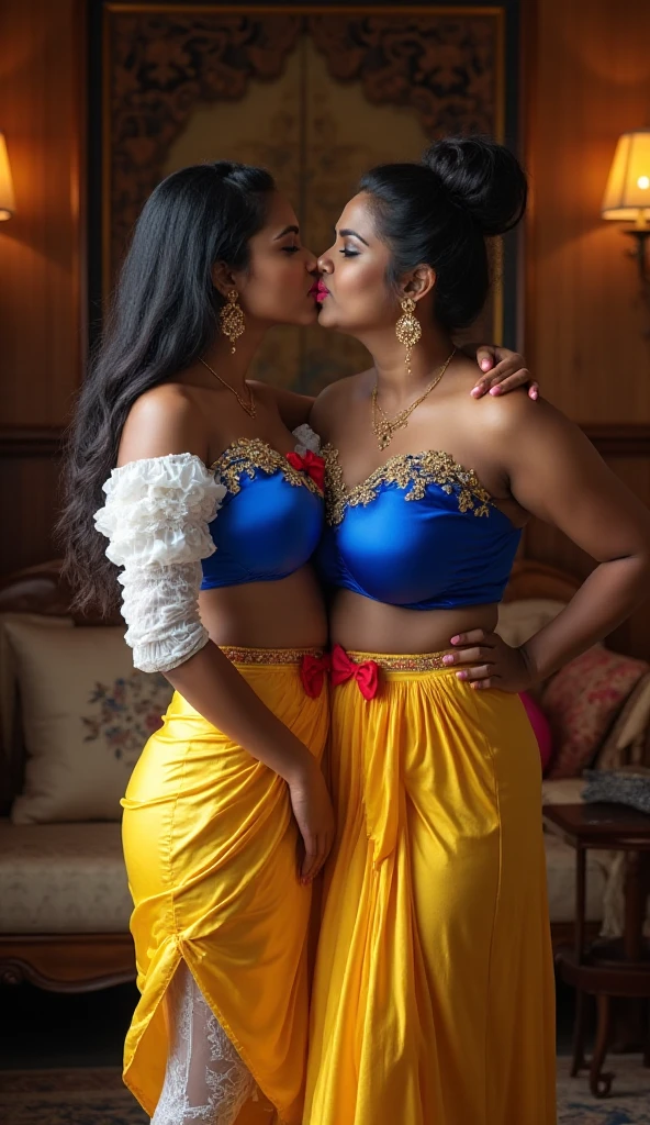 Beautiful chubby Indian aunty with husband wearing  leggings with navel length white tshirt at wedding reception