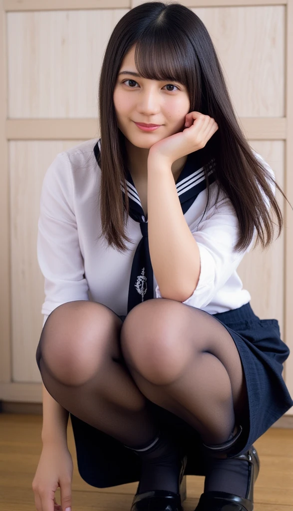 (looking at viewer:1.7),(big smile:1.2),(happy smile:1.1),(extremely beautiful face:1.3),(big eyes:1.3),(double eyelids:1.3),(very long silky hair:1.3),(long eyelashes:1.2), beautiful lips, beautiful eyes, beautiful teeth:1.2),( panties are clearly visible:1.3),(realistic silk panties:1.2),(white panties:1.2),(detailed panties:1.3),(17 year old girl:1.2),32K,masterpiece, Raw photo, (detailed fingers:1.2),Best Quality, photorealistic, highly detailed CG Unity 32K wallpaper, intricate detailed face, (Ultra detailed skin:1.2) super idol, clear eyes, thick thighs, drooping eyes, skirt, Japanese school uniform, brown loafers, loose socks,