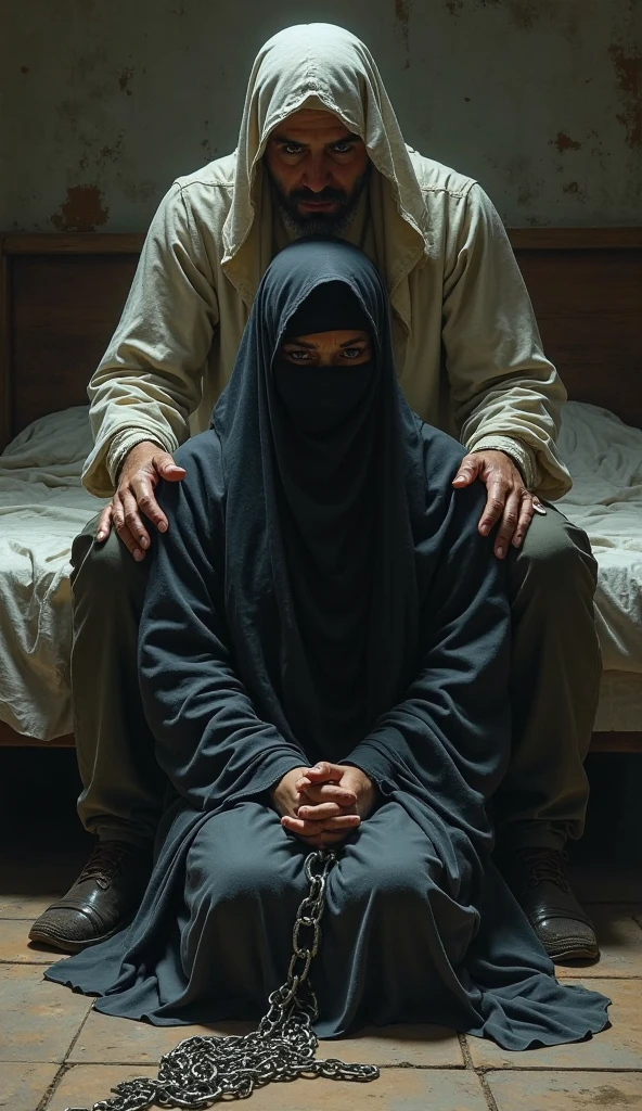 Pale skin Kurdish woman in black hijab  body standing in room talking with a man in room 