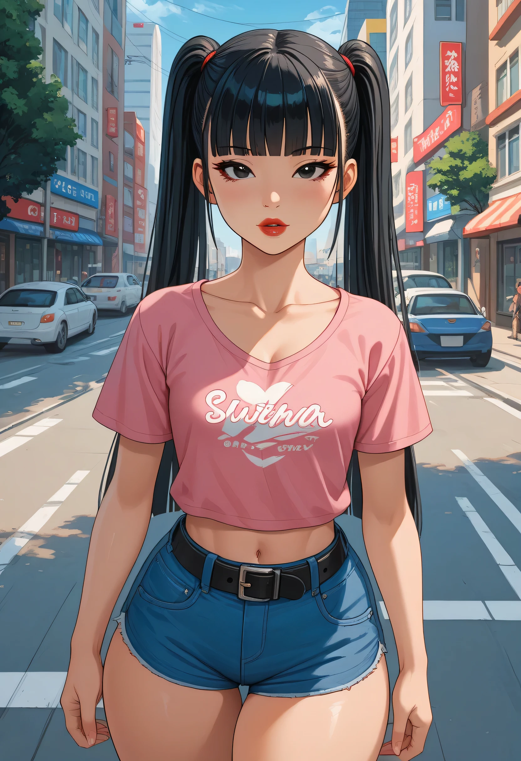 Perfect Face, Perfect Body, ((Female Asian, Face Asian)), Black Hair, (Very Long Twintails, Hime Cut Hair), Black Normal Eyebrows, Black Eyes, Red Lips, Perfect Lips, Collarbone, Cleavage, (Small Breasts), (Pink T-Shirt), (Small Waist, Normal Midriff), Standing, (Black Belt, Blue Denim Jeans Short Shorts), (Thick Thighs:1.2), Teen Old 18 Years, Young Girl, (Looking At Me, Pov), City, Street, Trees, Blue Sky