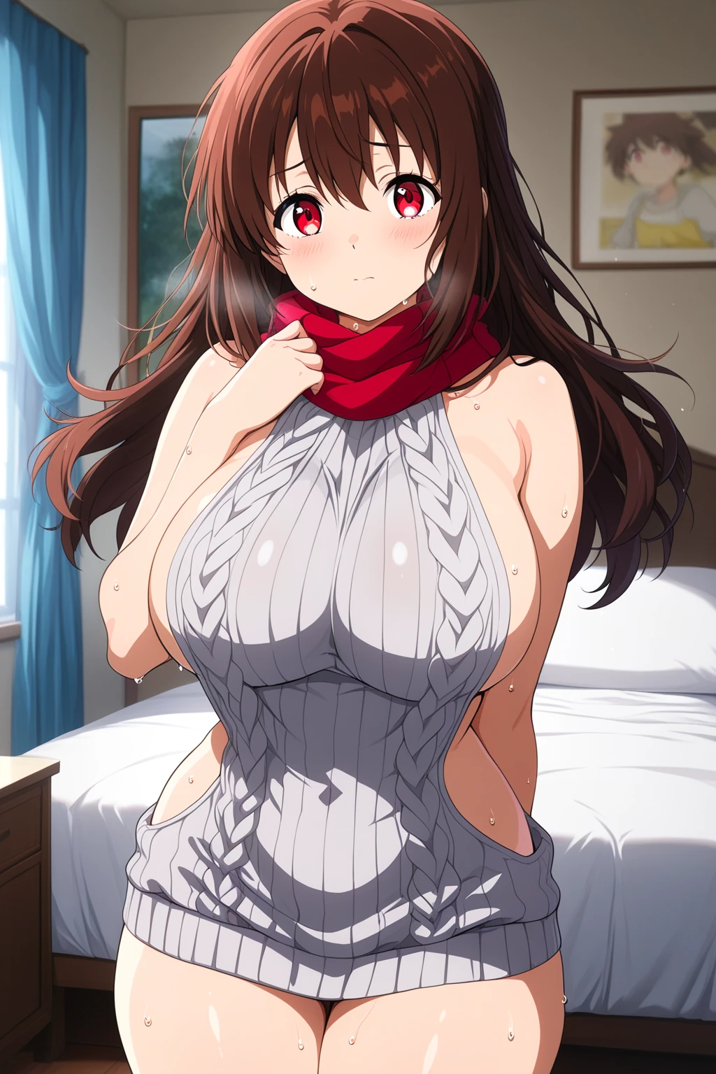 1girl, cowboy shot, large breasts, (bedroom:1.4), (night:1.1), nose blush, sitting, white panties,
kousaka_tamaki, brown eyes, red hair, long hair, virgin killer sweater, turtleneck, sideboob, <lora:kousaka_tamaki_pony_ver1:0.7>, score_9, score_8_up, score_7_up, BREAK source_anime, rating_explicit, best quality, masterpiece, uncensored, solo,