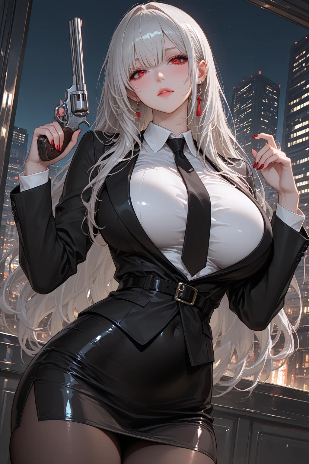 masterpiece, best quality, <lora:Gun2Head11:1>, g2h, gun to head, handgun, holding gun,dnfSpectre, earrings, cleavage, black jacket, black leotard, pantyhose, black gloves, sunglasses, night, ruined city, huge breasts, <lora:spectre-nvwls-v1:0.7>,