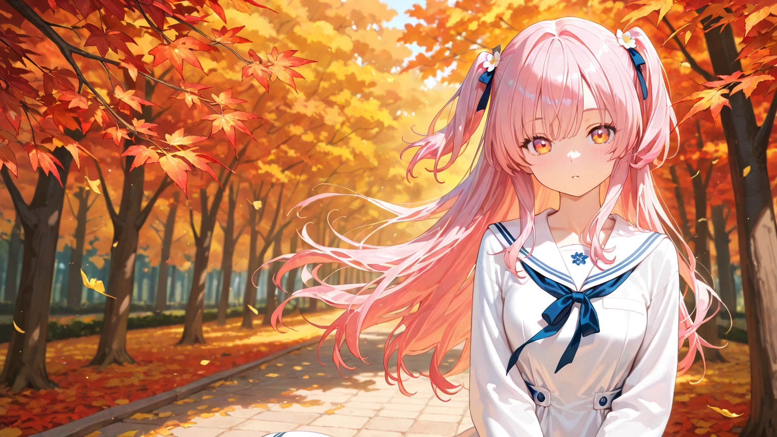 Anime girl sitting on the ground with long pink hair - SeaArt AI