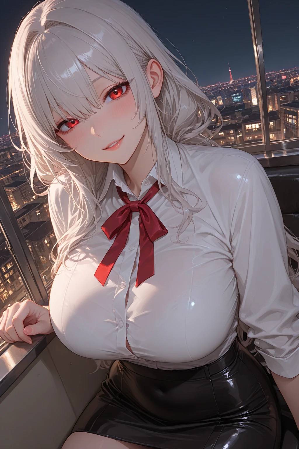 (Masterpiece, best quality), Raw picture of a beautiful woman, (black_shirt, red_tie), office outfit, (pixiv:1.1), (sparkling red eyes), detailed eyes, black eyeshadow, glossy lips, (silver hair), hair clips, (wavy hair, hair strands), collarbone, neck details, (beautiful round breasts), standing, leaning on window, night sky, soft ambient lighting, intrinsic details, aesthetic view, looking at the viewer, professional, HD, 8K, (absurdres:1.2), highly detailed, vivid colors, bokeh, highly focused, (smile:1.2)