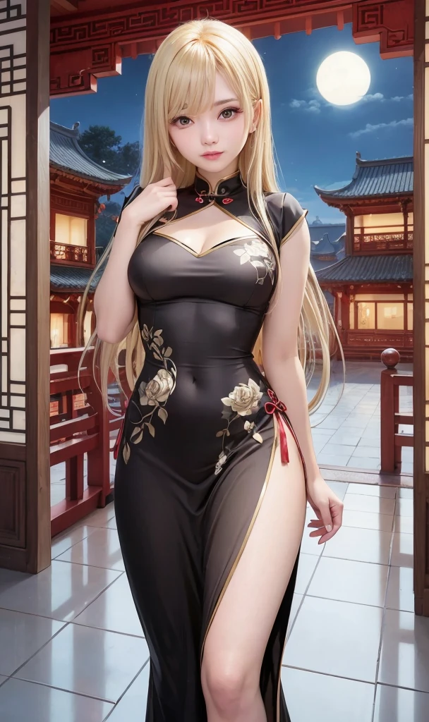 ((Best Quality)), ((masutepiece)), (Details: 1.4), 。.3D, Sexy body, Sexy Pose, Sexy Modeling, sexy expression, Beauty, masutepiece, Best Quality, Super Fine Photo, Best Quality, Ultra High Resolution, Realistic realism, Delicate face, Vibrant eyes, (From the front), (masutepiece, of the highest quality, Best Quality, Official art, Beauty and aesthetics: 1.2), (1girl in: 1.3), Extremely detailed, Colorful, best detailed ((super detailed)), (High Definition CG Illustration), (Very delicate and beautiful), (From the side), Cinema Lights, ((Best Quality, masutepiece, super detailed)), (Detailed face), (Full body), (Detailed light), (Cinematic Light), (Very beautiful), detailed facial features, Black Glasses Frame, Beautiful eyes, (Light blonde hair), Long hair, Very fine hairs, Floating hair, Flowing cherry blossoms, (flower petals), Plump breasts, tight, upturned buttocks, (Black Tight High Fork Cheongsam), High Fork Tight Fit Long Skirt, (Embroidered gold lace), Tight white stockings in bright colors, Black Block Heel, Frame center view, ((Rhythm)), Delicate five fingers, pale nails, Open the black fan in the hand, Fan with yellow tassel, Chinese dragon elements on Chinese background with rotating colors, InkStyle, 8K UHD, Digital SLR, High quality, Fantasy,, nffsw (High dynamic range), Ray tracing, NVIDIA RTX, Hyper-Resolution, Unreal 5, Subsurface scattering, PBR Texture, Post-processing, Anisotropy Filtering, depth of fields, Maximum sharpness and sharpness, multi-layer texture, Albedo and Highlight Mapping, Surface Shading, Accurate simulation of light-material interactions, Perfect proportions, Octane Render, bi-color light, Large aperture, Low ISO, White Balance, thirds rule、8K Raw、