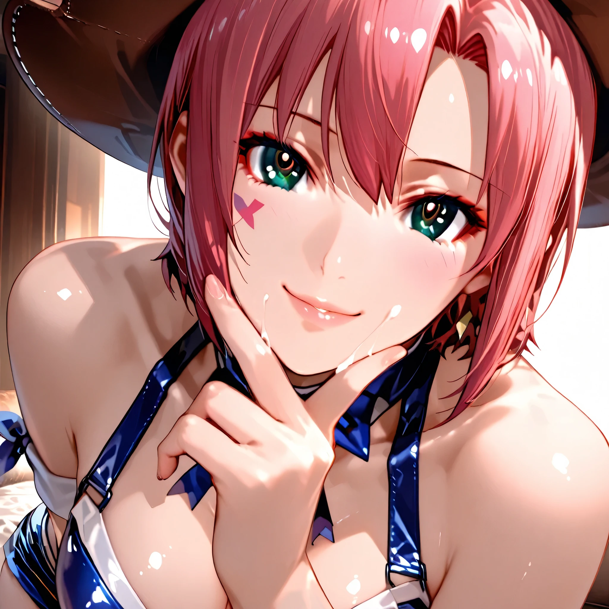(Rio Rollins Tachibana)

(masterpiece, Highest Quality,Super Detailed:1.5), OFFICIAL ART, Very High Resolution CG, unity 8k 壁紙, Super Duplicate, 
perfect anatomy, Beautiful Detailed Face, Ideal body ratio, perfect finger, one woman, solo, Sexy Adult Woman, Mature Woman, chest, Skin Dentition, short bob hair,. pink hair, Shiny Hair Texture, green eyes, Detailed eyes , Smile Yan, parted lips, shiny lips, 

young woman (nationality:1.0), (age:1.1), (detailed clothing:1.2), (accessories:1.1), (Facial features:1.3), (expression:1.2), (Body Type:1.1), (Pose:1.2),  wearing red shiny cowboy clothes,  black cowboy hat,  holding a horse and dark blue shorts, I'm holding a horse, central figure in the image,  Facing,  detailed digital paint, Fine Skin Texture,  sharp focus,  anime style,  in bright, vibrant colors,  bold composition,  close-up perspective,  (detail hair:1.2), (Detailed eyes :1.3), light background, warm lighting hidden by steam, Detailed design of the clothing,  Detailed environmental factors,  soft writing,  realistic style as pictured, (Detailed Leather Texture:1.1).