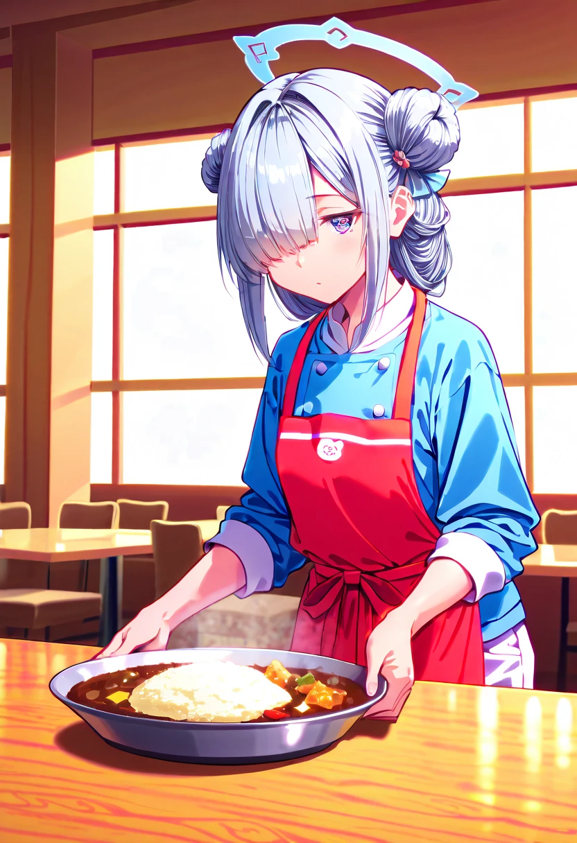 50 year old woman, white hair, bun with hairpin, brown eyes, orange dress, red jacket, cook meal 