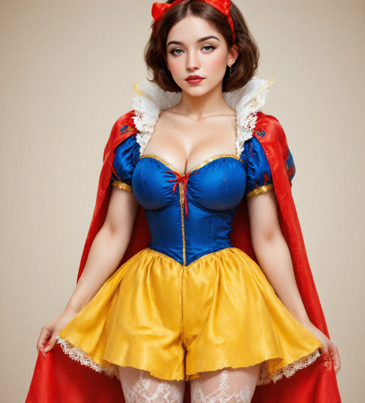Beautiful Chinese mature 35 year old woman, wearing snow white cosplay, blue silk corset, red silk cape, yellow silk pleated skater skirt, silk leggings, short black bob hair, red hairband, masterpiece, photorealistic, amazing detailed face,, (((thick thighs))), wide hips, hourglass figure, innocent, naïve, cute, small breasts, dynamic pose, blushing,