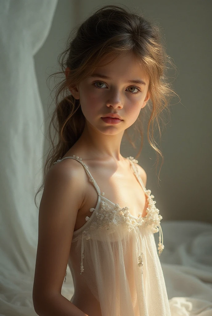 12-year-old girl, in transparent underwear, small, realistic body, short straight hair