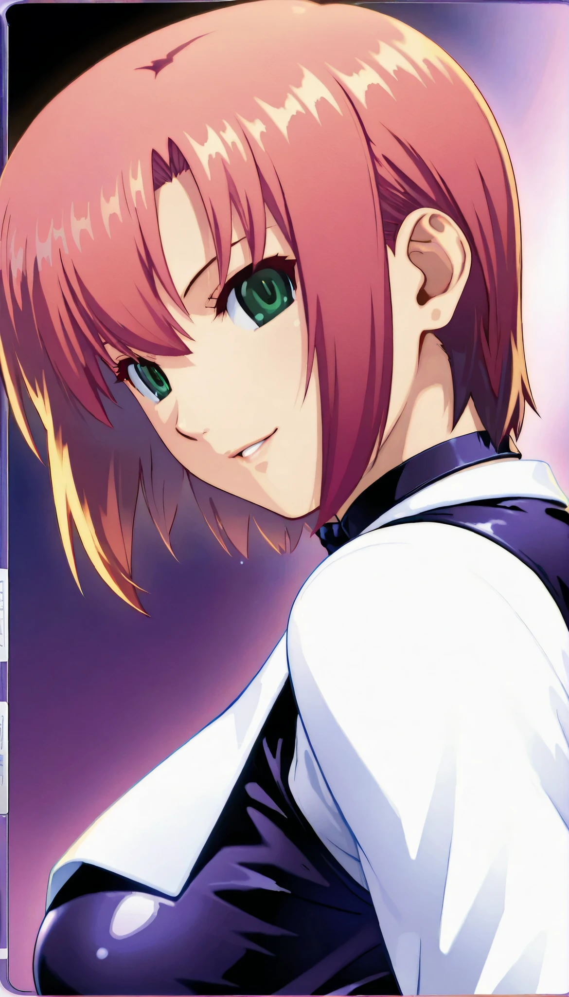 (Rio Rollins Tachibana)

(masterpiece, Highest Quality,Super Detailed:1.5), OFFICIAL ART, Very High Resolution CG, unity 8k 壁紙, Super Duplicate, (upper body:1.4)
perfect anatomy, Beautiful Detailed Face, Ideal body ratio, perfect finger, one woman, solo,  chest, Skin Dentition, short bob hair,. pink hair, Shiny Hair Texture, green eyes, Detailed eyes , Smile Yan, parted lips, shiny lips,  detailed digital paint, Fine Skin Texture,  sharp focus,  anime style,  in bright, vibrant colors,  bold composition,   (detail hair:1.2), (Detailed eyes :1.3), light background, warm lighting hidden by steam, Detailed design of the clothing,  Detailed environmental factors,  soft writing,  realistic style as pictured, (Detailed Leather Texture:1.1).