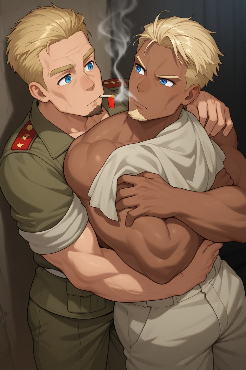 (((2 characters- A sexy blond young adult male russian soldier blushing as he is getting bdsm spanked by his elder colleagues and captain ))), NSFW, hentai, yaoi,((yaoi hentai)), porn, pubic hair, ((red spanked butt)), butt focus, ((well drawn testicles and penis:0.2)), ((art inspired by Ppatta’s yaoi hentai comics)), snowy setting, ((young soldier x elderly strict naughty captain yaoi:0.3)),(((“mmm, ahh spank me harder,captain!!!”))), ((swollen spanked male blushing butt:0.2 )), ((pants pulled down)), ((group bdsm hentai)), (fuck tax),
