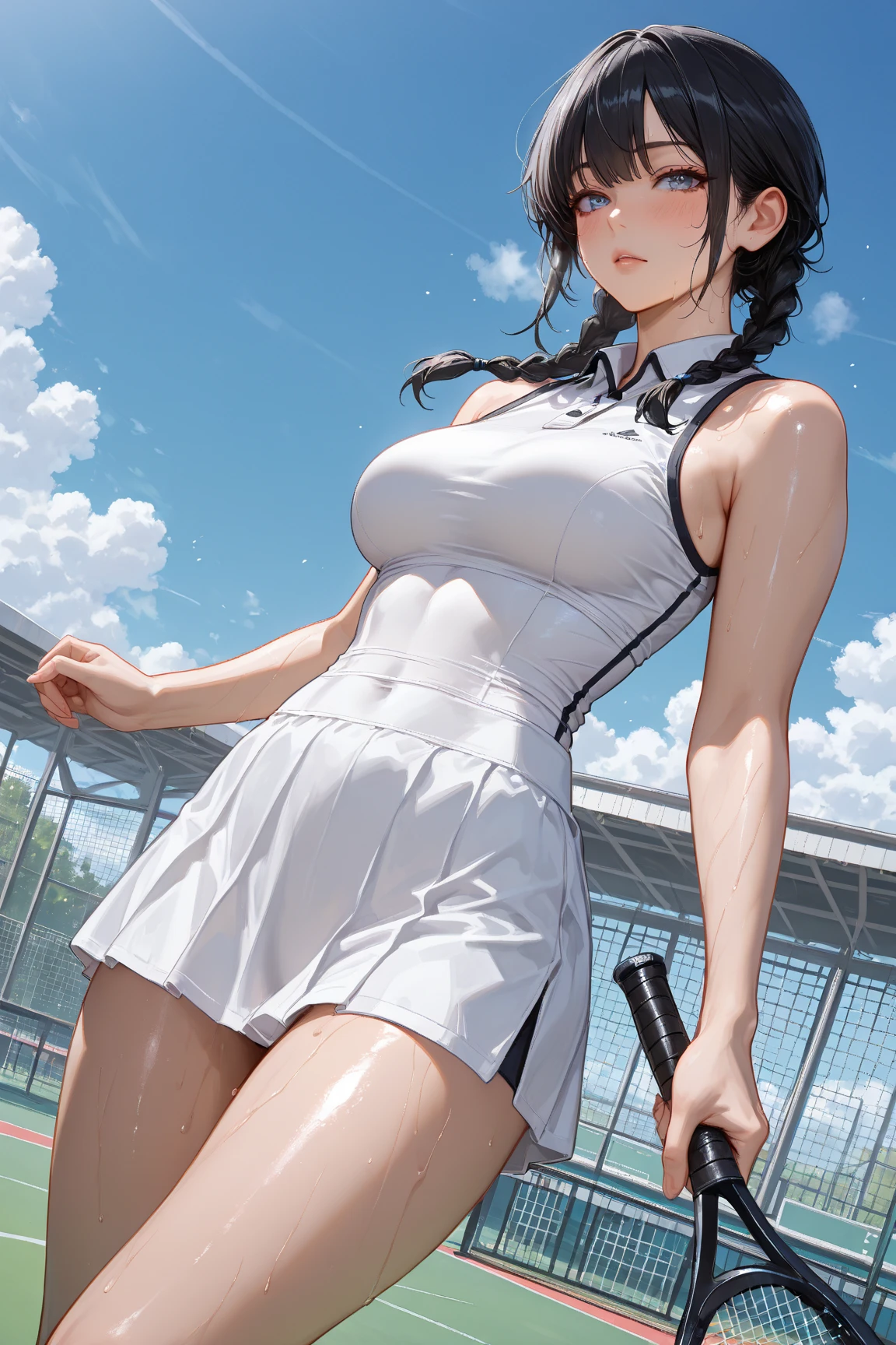 1girl, solo, white polo shirt, white sneakers, tennis wear, white miniskirt, masterpiece, best quality, realistic, hyper-detailed, (shiny skin, sweaty:1.4), absurd, looking at viewer, short black hair, brown eyes, slender, dynamic lighting, high resolution, sharp focus, depth of field, detailed eyes, sharp pupils, realistic pupils, (small breasts:1.6), (thick thighs:1.0), outdoor, sky --auto