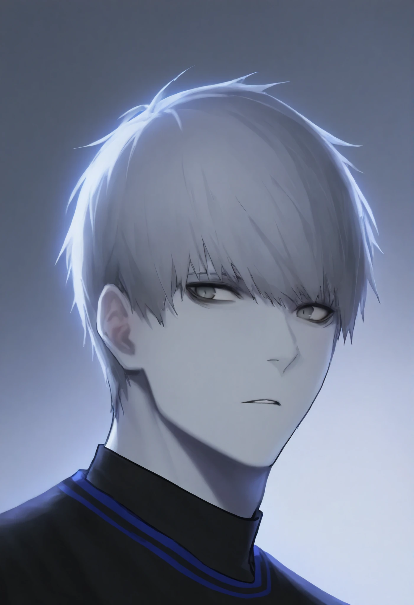 Boy, silver hair, gray eyes, sharp cold features, white skin, handsome, perfect, gorgeous, wearing a black sweatshirt, elegant, front look, bright colors, high quality resolution .