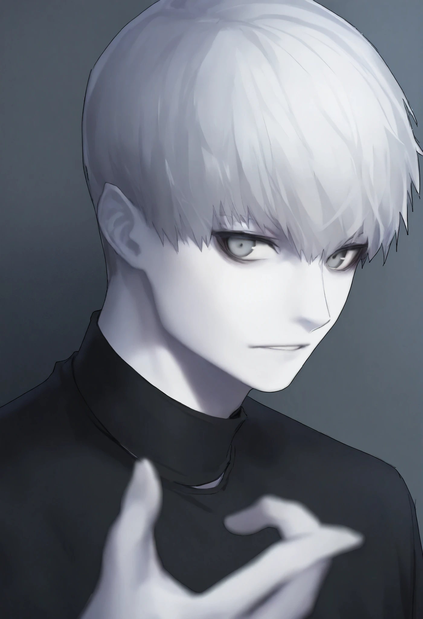 Boy, silver hair, gray eyes, sharp cold features, white skin, handsome, perfect, gorgeous, wearing a black sweatshirt, elegant, front look, bright colors, high quality resolution .