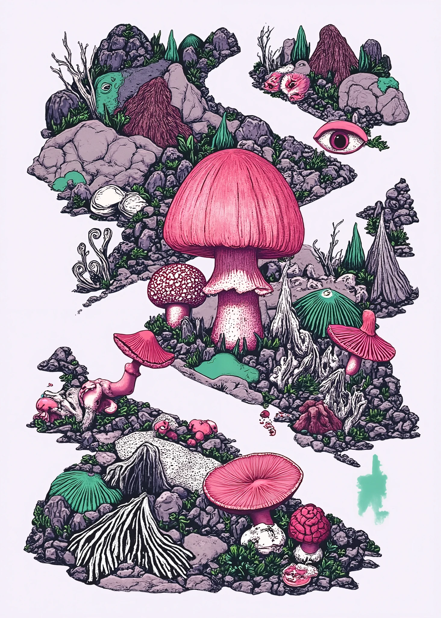 (the best quality)), ((masterpiece)), (detailed), ((Detailed illustration)) Design for t-shirt, chopped view, a path surrounded by rocks, various kinds of giant fungi and giant human eyes (giant mushrooms and giant human eyes between rocks), (the rocks are shaped like rocky mountains), (mushrooms and separate eyes, "Do not combine") (different species of fungi). the path crosses the entire composition from the bottom to the top, integrating naturally with the rocky environment (the lower part being the closest, the upper part the farthest). Intelligent Composition. intricate design, Illustration of mushrooms ""acid colors "", ((psychedelic colors)), (mushrooms with different colors). All elements in the format. ((Smooth light gray background)). ultra detailed, Filter illustration 50s panavision, grainy texture
