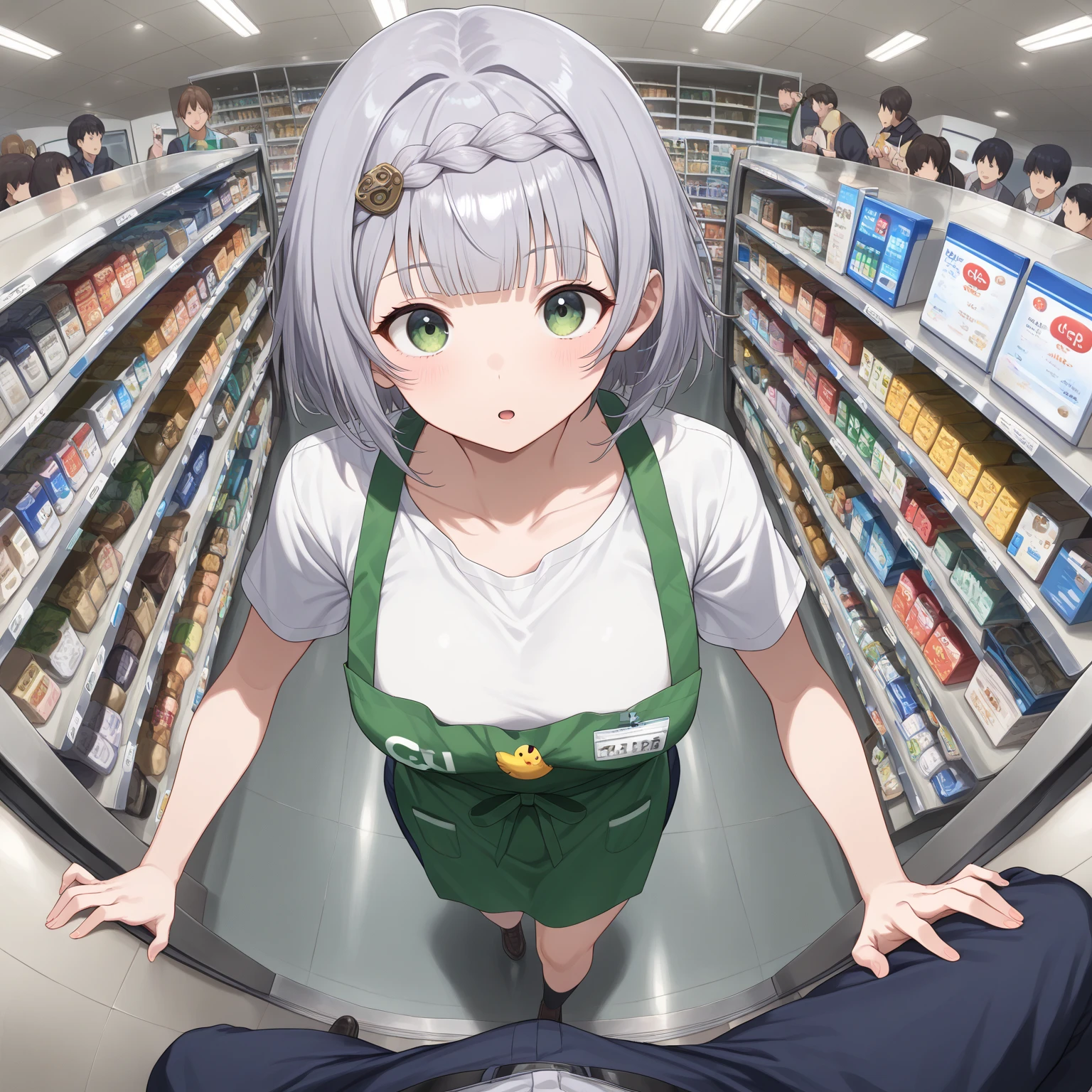 (masterpiece, best quality, high resolution),
1girl, solo, pantyhose, serafuku, school uniform, armband, boots, skirt, sweater vest, black pantyhose, standing, (from below), ((in a crowded supermarket)), (((holding a Bento box))),
<lora:SenYarizui:0.8>