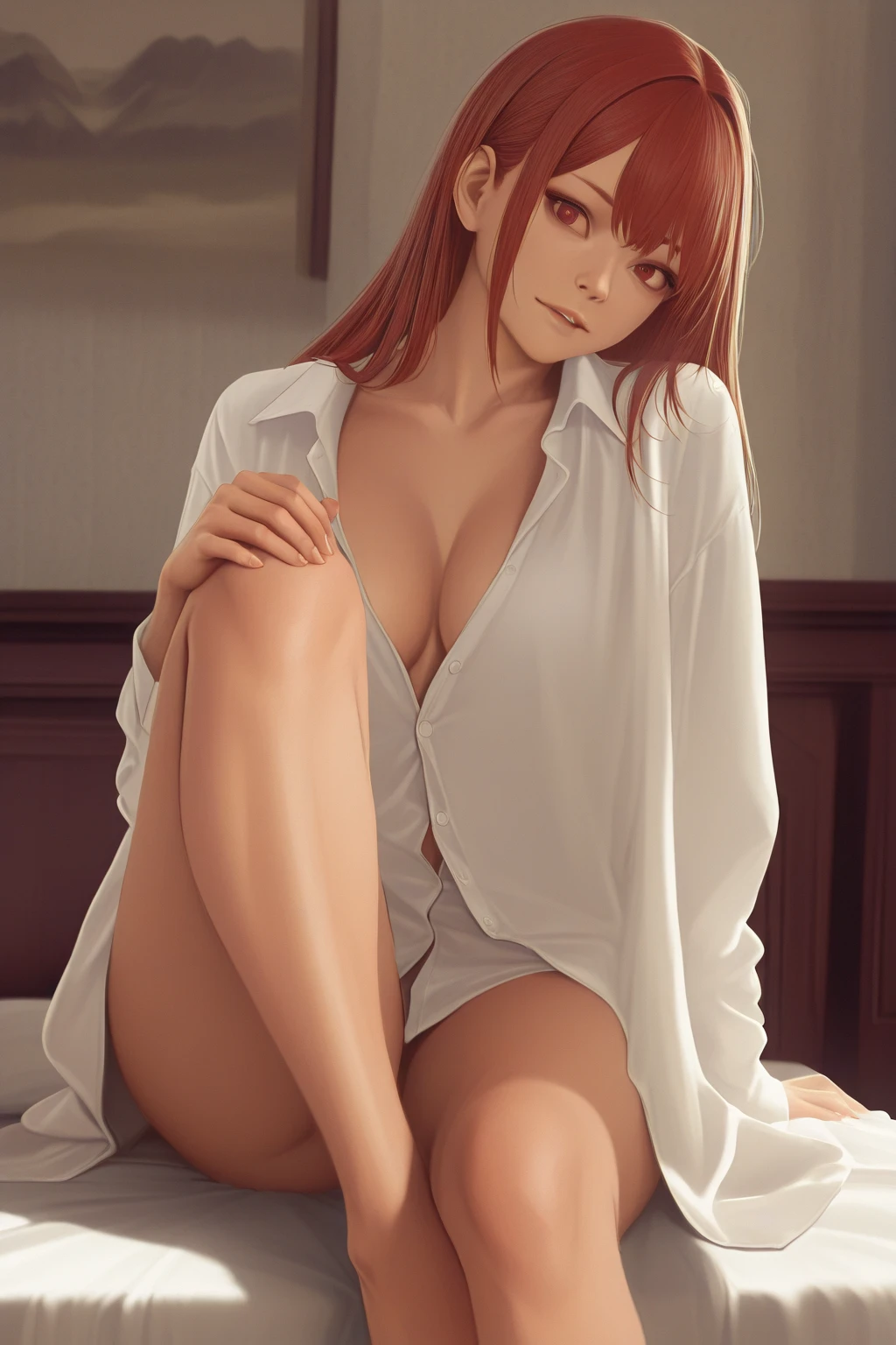 ((top quality, 8k, masterpiece: 1.3, ultra hd, high quality, best quality, high definition, realism)), sharp focus: 1.2, Beautiful woman with a muscular body, Red hair, Beautiful yellow eyes, sharp eyes, Beautiful and cruel face, thin face, big tits, White formal shirt with open buttons, tight black pants, Abs, Arm muscle, Sexy and seductive pose on chair, Both thighs opened very wide.