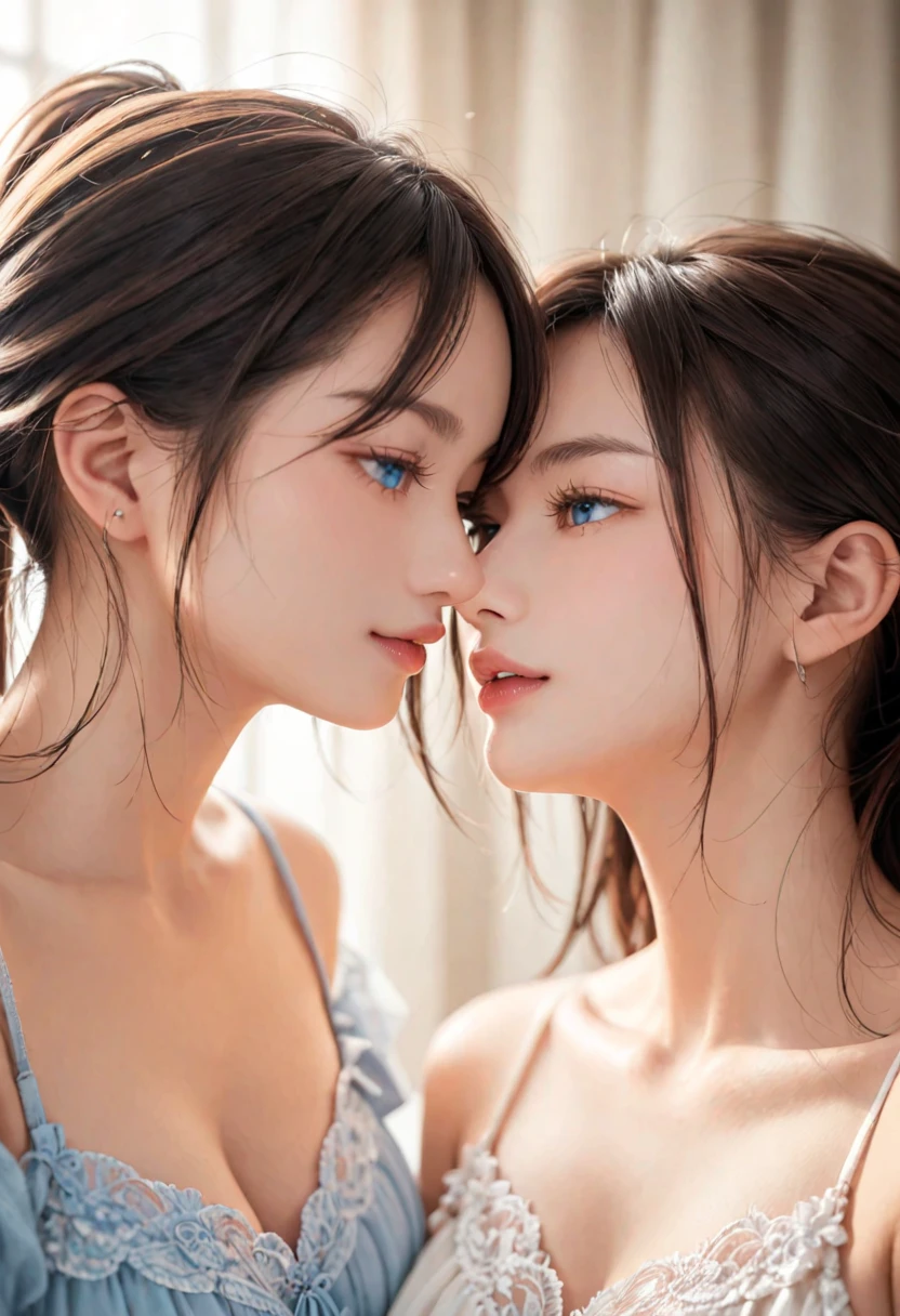 Two people facing each other face to face、Hug each other tightly、Two people hugging and kissing、lilie、lesbian、a couple、Two cute pretty girls、masterpiece、highest quality、realisticlying、realisitic、Seductive bright smile、short clean hair with bangs、Loose business shirt、enticing eyes、(cleavage of the breast)、(Pure white background with really nothing from floor to ceiling)、(28 year old)、extremely detaile、tall、neck long、Straighten your back、Put your ears out、Highlights in the eyes、lipgloss、glowy skin、White-colored skin、Clean collarbone、closes mouth、Happily、Nice proportions、lovely、Adorable、Two people kissing