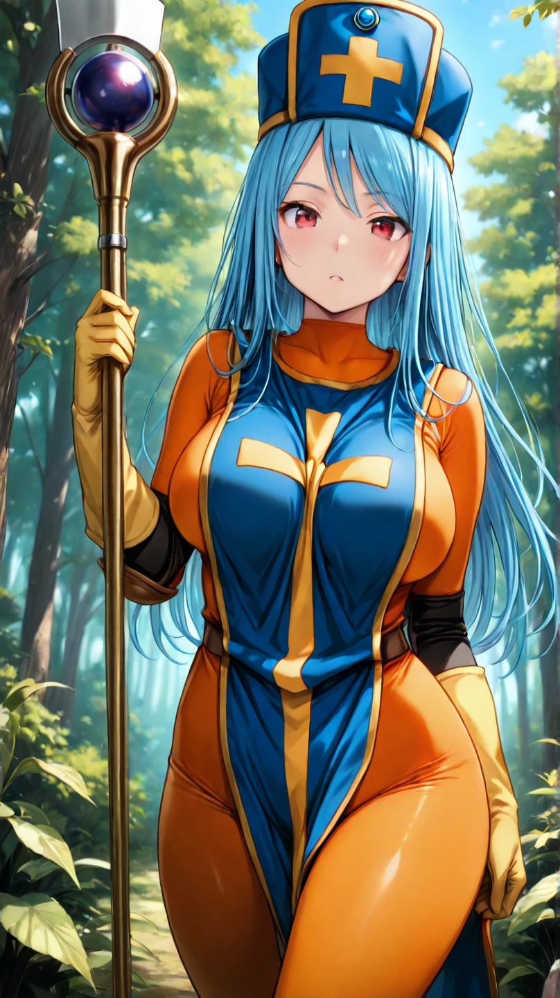 ((masterpiece, best quality;1.3)), ultra detailed, 1girl,priest \(dq3\), (orange bodysuit), latex bodysuit, long hair, 1girl, solo, breasts, looking at viewer, large breasts, red eyes, gloves, hat, blue hair, aqua hair, bodysuit, staff, tabard, cross print, mitre, (forest, blue sky:1.1), cowboy shot, torn clothes, ripped clothes,dishwasher1910, <lora:priestDragonQuestIII_v20:0.8> <lora:dishwasher1910Style_v10:0.8>