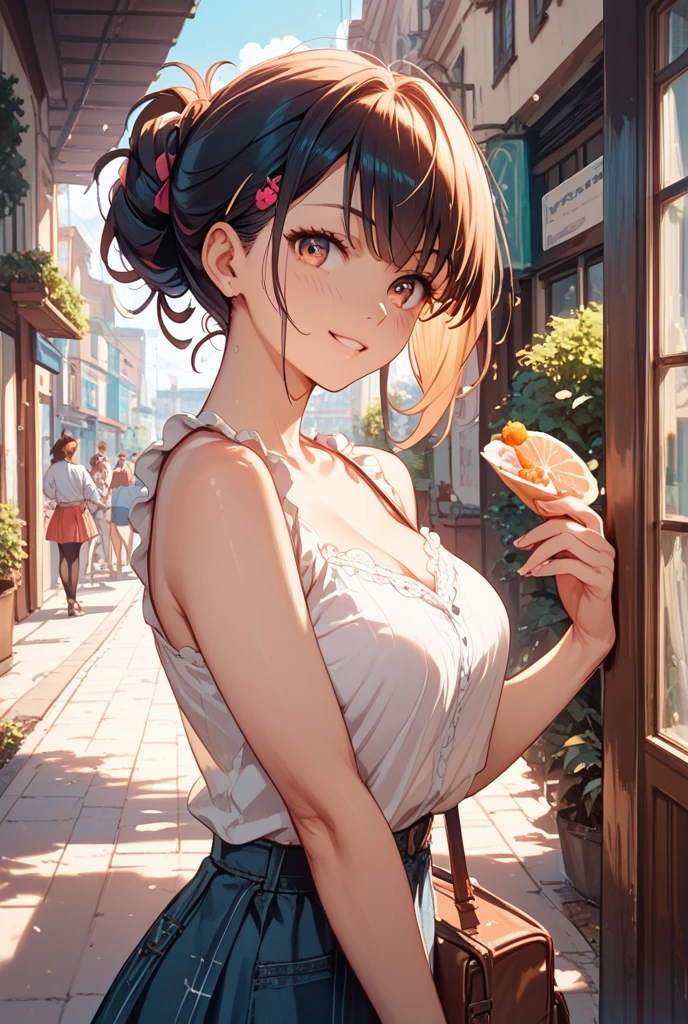 japanese girl, 14 yo,
upper body ,
looking at viewer ,
Great Joy,
cleavage breast, cleavage,
Strawberry blonde hair
Braided updo with a romantic feel,
girl wearing
Sporty Bikini,
Vintage Parisian caf with cobblestone streets,
,
arm support,
<lora:futureistic_fantasy_anime_sdxl_v1:0.8>