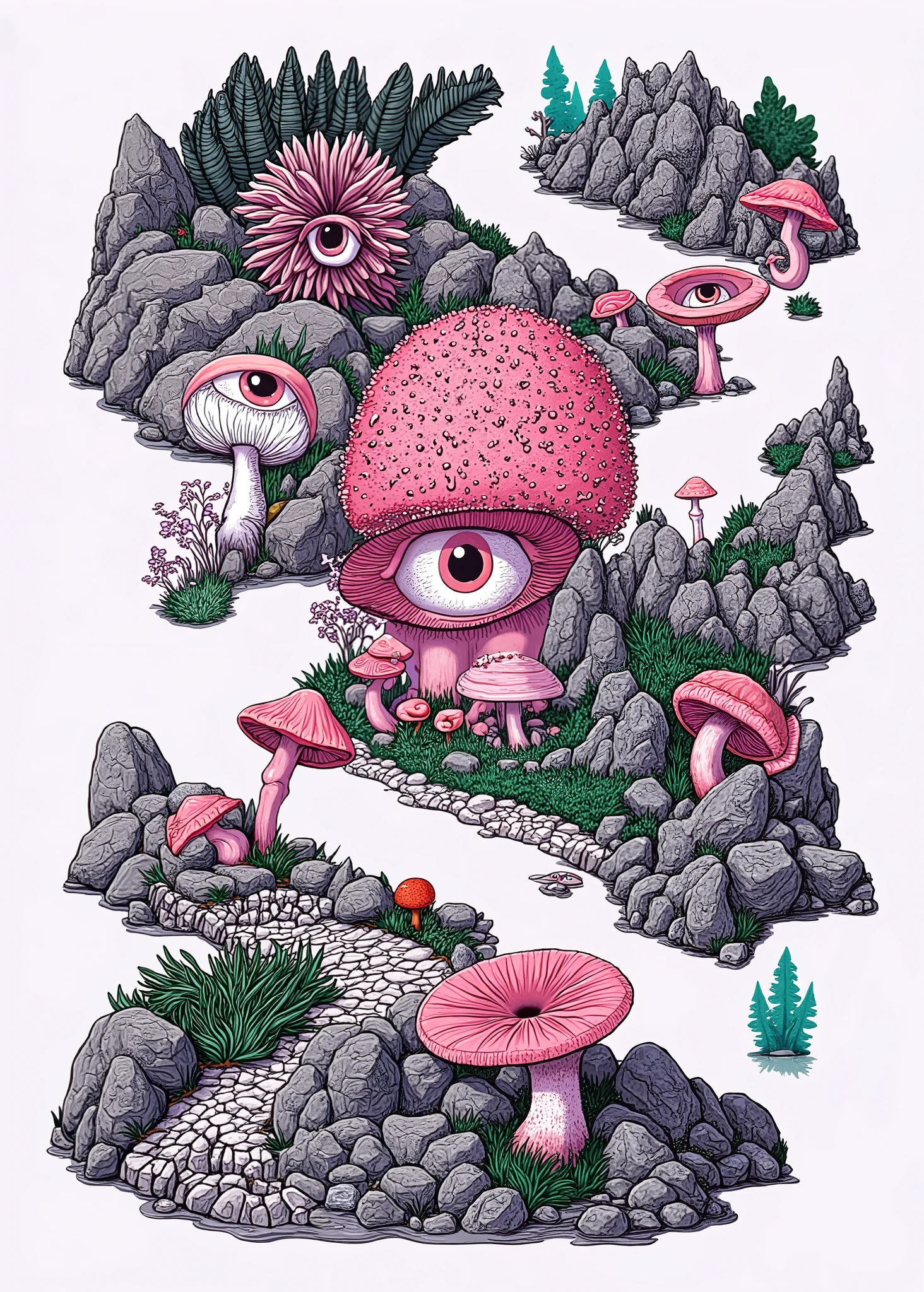 (the best quality)), ((masterpiece)), (detailed), ((Detailed illustration)), chopped view, a path surrounded by rocks, various kinds of giant fungi and giant human eyes (giant mushrooms and giant human eyes between rocks), (the rocks are shaped like rocky mountains), (mushrooms and separate eyes, "Do not combine") (different species of fungi). the path crosses the entire composition from the bottom to the top, integrating naturally with the rocky environment (the lower part being the closest, the upper part the farthest). Intelligent Composition. intricate design, Illustration of mushrooms ""acid colors "", ((psychedelic colors)), (mushrooms with different colors). All elements in the format. ((Smooth light gray background)). ultra detailed, Filter illustration 50s panavision, grainy texture