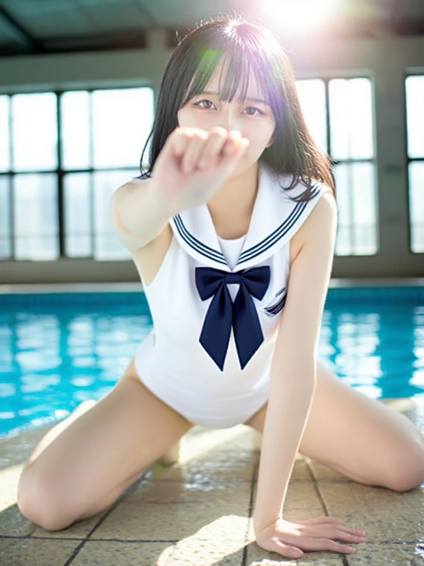 ((The sun's rays illuminate the whole body))、Photorealsitic:1.5、photos realistic、(((in poolside, kneeling)))、20-year-old gravure model、the perfect body、女の子1人、独奏、Shot diagonally from above、Micro Mini Ultra High Leg、Ultra Ultra High Legs 、masterpiece、top-quality、realisitic、Hyper-detailing、(shinny skin)、absurderes、Looking at the camera、Brown-eyed、A slender、动态照明、hight resolution、foco nítido、depth of fields、A detailed eye、Beautiful big eyes、Realistic eyes、(Medium Boob:1.4)、(skinny thigh:1.2)、、Troubled eyebrows、(Blushing、twintails hair)、NSFW