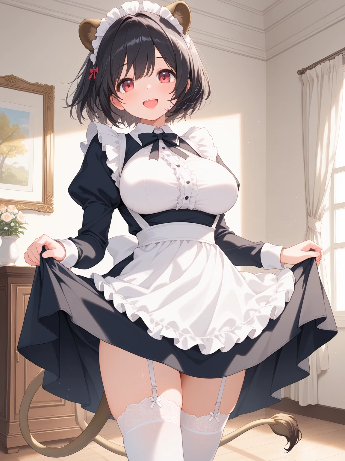 score_8_up, score_7_up, score_6_up, best quality, masterpiece, uncensored, by 40hara, source_anime
BREAK
maid, underwear, panties, female, legwear, stockings, solo, clothing lift, dress lift, black hair, maid uniform, looking at viewer, thigh highs, garter straps, ribbons, curtains, window, bow panties, backlighting, garter belt, short hair, blue eyes, uniform, skirt lift, white panties, accessory, standing
<lora:40hara_pony_v1:1>