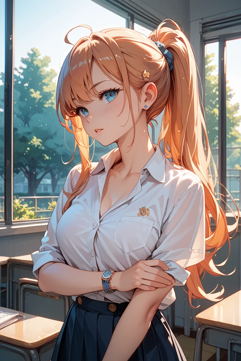 (best quality:1.5, High resolution, Ultra HD, 4K, Detailed lighting, Shaders), (High quality eyes), ( Perfect fingers),  Curly hair, Gradient hair, Large Breasts, Set, shirt, 社交shirt, Short skirt, Mature woman , (View), White background, Colored eyeshadow, Dramatic Lighting, Bright Eyes, Emotional expression, Gold earrings, Exquisite  features, soft skin, High cheekbones, city environment, White background, Don't look for the camera,,  Behind the camera, whole body