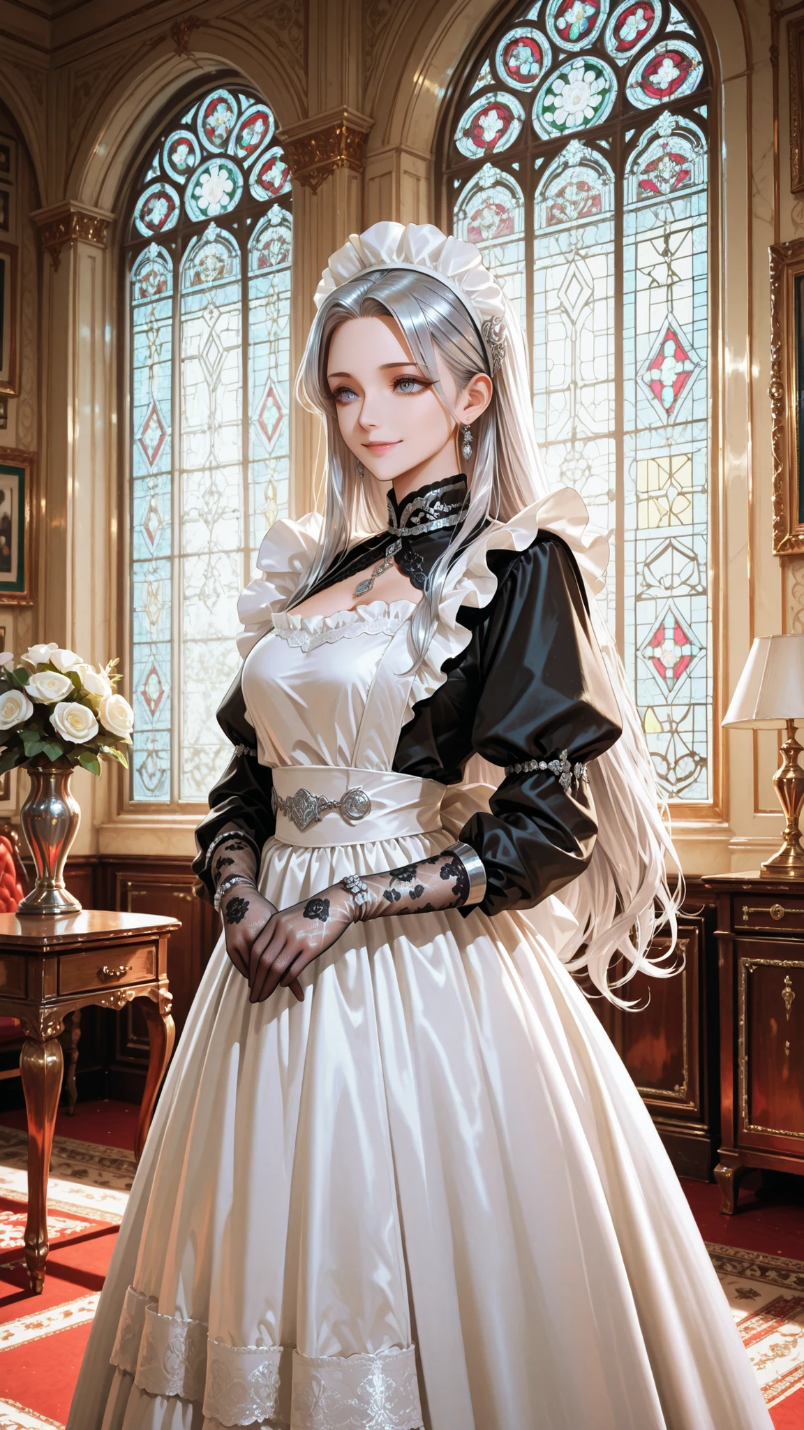 ((masterpiece:1.5,Highest quality,Highly detailed images,Beautiful images、Realistic、Photorealistic、2.5D))(1girl, 独奏)(Adult women、, white hair, black eyes, Healthy legs、Tight 、Beautiful )(Fantasy dresses、Fantasy Clothes、Black battle dress、Deep slit)(wind, floating hair)(Inside the castle、The King's Chamber)