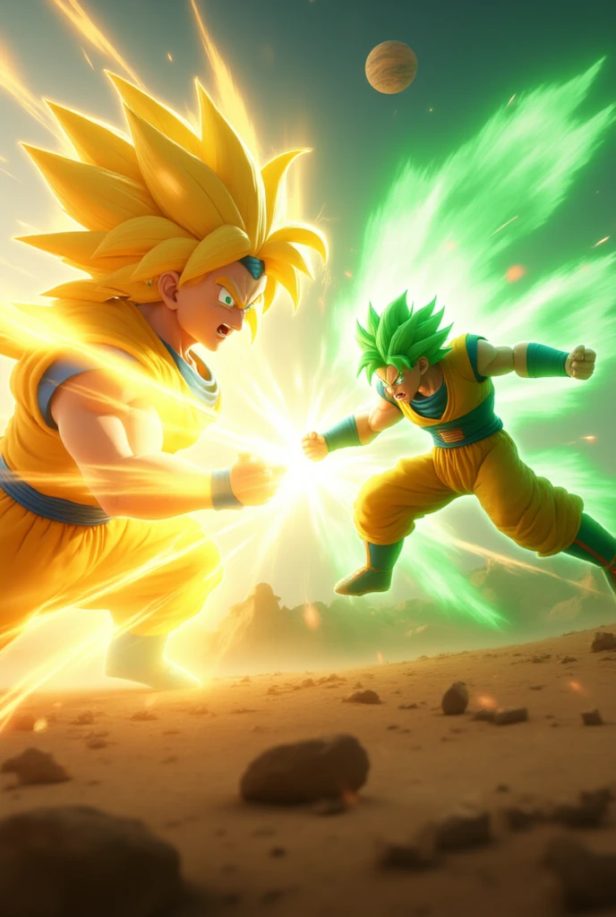 A scene of a deadly battle between Legendary Super Saiyan Broly and Super Saiyan 4 Gogeta