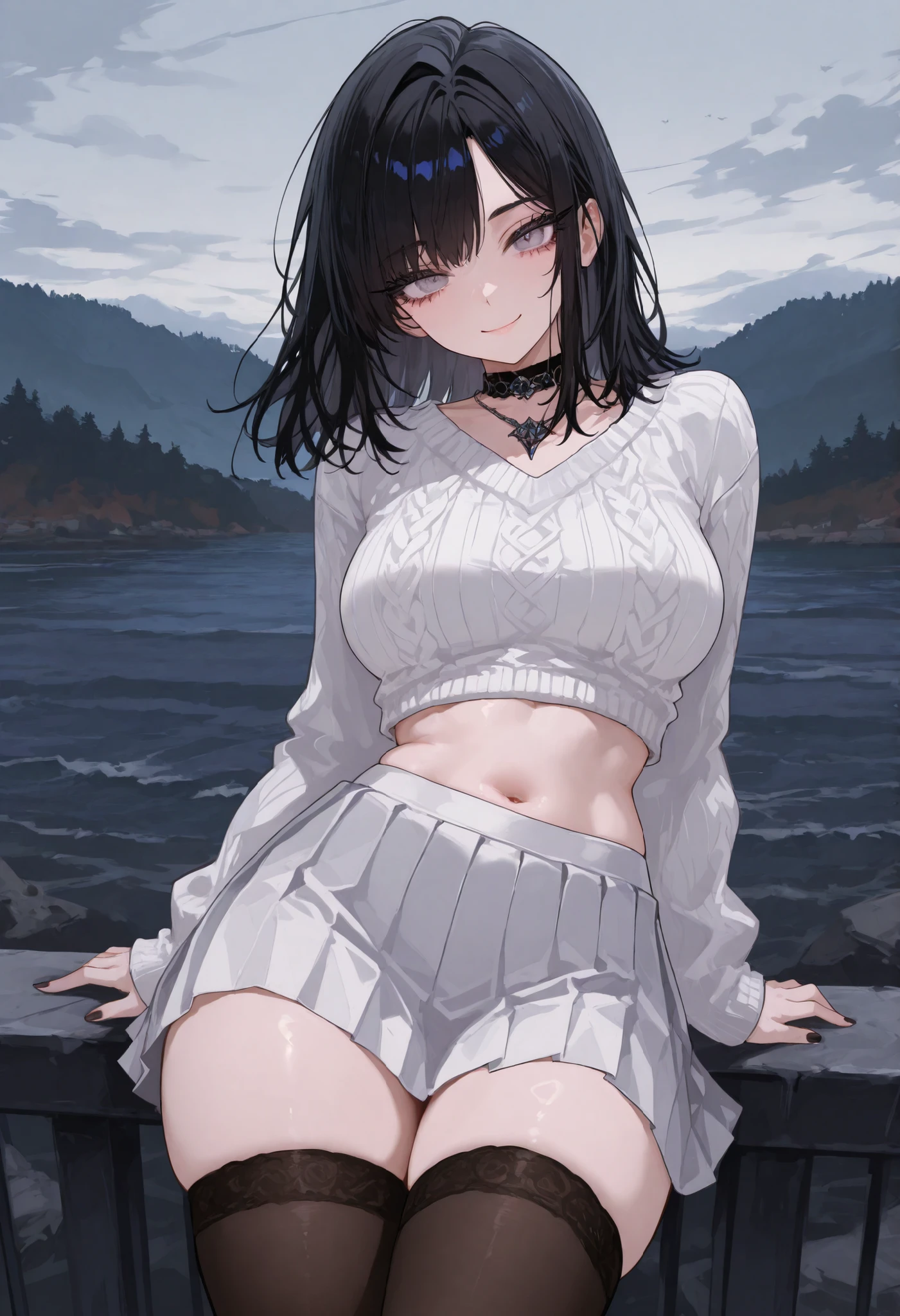 masterpiece, best quality, outdoors, agatawitch, 1girl, solo, looking at viewer,huge breasts, black hair,cowboy shot,(underboob),wet clothes,wet,dress,thighhighs,crying,rain, arm behind back,scenery,lake,mountain,cloudy sky, greey eyes, animal ears, <lora:Agata_LoRA:1>