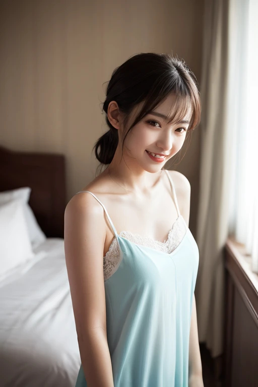highest quality, masterpiece, ultra high resolution, (realistic:1.4), 20-year-old,1 girl,super high quality,8K,thin waist,thin legs,薄い and beautiful arms,beautiful fingers,((Super realistic image quality)),(no makeup),(light makeup),Medium chest,soft chest,(((Thin, short, tight camisole))、((low rise))),The camisole is short、 ,,beautiful breasts,((Shoulder-length ponytail)),,realistic,picture media chest)),((toothy smile)),((big smile))、bedroom、(Lie)