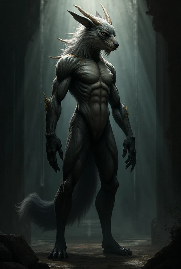 , by Bonifasko, solo, portrait of a celtic god Cernunnos, anthro, small head, muscular, mesomorph, muscular, fur, anthro, mane, hi res, detailed, tail, male, strong body, looking at viewer