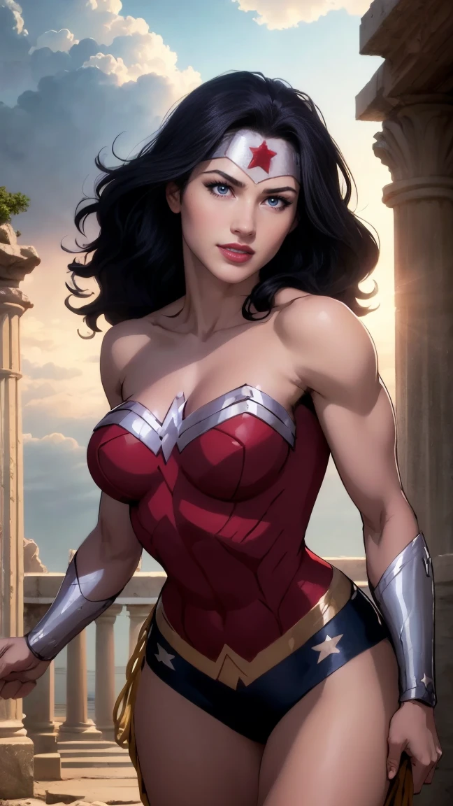 (ultra realistic,32k, masterpiece:1.2),(high detailed skin:1.1),( 8k uhd, dslr, high quality:1.1),
<lora:ww_v1:0.7>ww, wonder woman, 1girl, solo, breasts, black hair, brown eyes,, , <lora:add_detail:0.87>, (huge breast:1.1), (sweaty:1.1),
(looking at viewer, Bend forward:1.1),
,(lighting:1.1), mountain,. hot springs, steam,