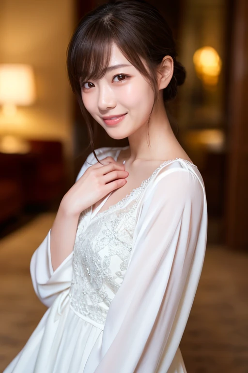 (8k, RAW Photos,Highest quality, High resolution:1.1), (Ultra-realistic:1.4),(Realistic, Realistic:1.3), Realistic Face,Realistic Body,Realistic Skin,masterpiece,(cute:1.8), Cuties, Fine black eyes,Innocent eyes,Cinema Lighting,Film Grain,jewelry,Earrings,((Medium Hair:1.1)),Cherry colored lips,Hair Ribbon,ponytail,Viewer,Long Hair,,Open your lips,Upper teeth, (Smiling Eyes:0.5),((Grin:1.1)),Blurred Background, Eye focus , Bokeh,young, 85mm lens,young,Portraiture,Photon Mapping,Radio City,Physically Based Rendering,Asian,(Loungewear:1.3))