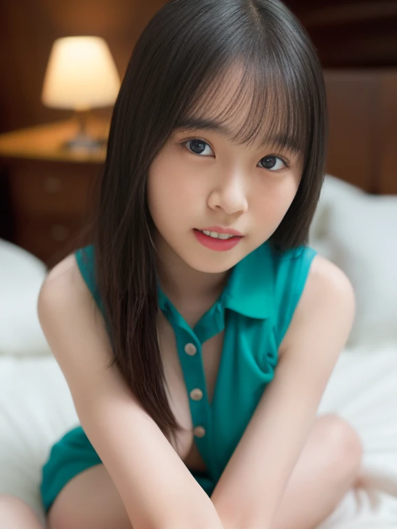 (masterpiece, Highest quality:1.4), Award-winning portraits, 8K, 85mm, alone, Beautiful Face, Delicate girl, (Bedroom at night), Sophisticated, cute, 15 years old, RAW Photos, Confused, High resolution, Sharp focus, Background Blur、(((Flat Chest 、thin and delicate body、Childish atmosphere)))、shiny semi-long hair、ponytail、I have a small mole on my left cheek、 Dark brown eyes、sexy、flexible legs、Knee Shot、Smile shyly、Shot from below、Are sleeping