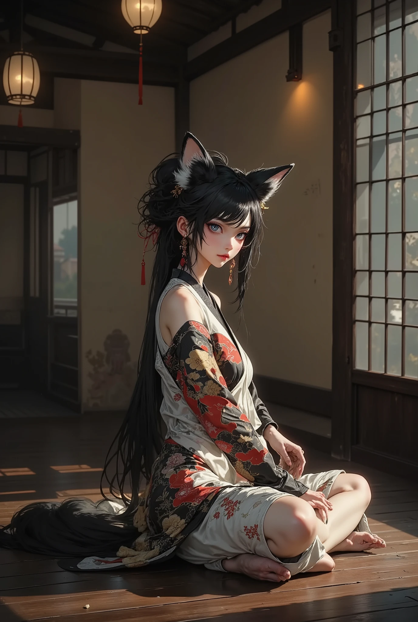 A elf woman, old Japan, Edo period, A fox woman in a kimono is sitting with indian style on the wooden floor in the old Japanese structure and looking at me invitingly, Punk girl, Yoshiwara, Edo period, she is in a kimono who is the eldest of white fox, (she is in the old Japanese structure , old Japanese houses, lanterns, indoor, in background), black beauty hair, pale skin, beautiful eyes, beautiful eyeshadow, red lipstick, fox ears on her head can be seen, wearing a intricate beautiful pattered Kimono as casual style, sexy thighs, cross legs, cinematic lighting for creating the best shadows, SFW, Kimono
Japan
CTAI
