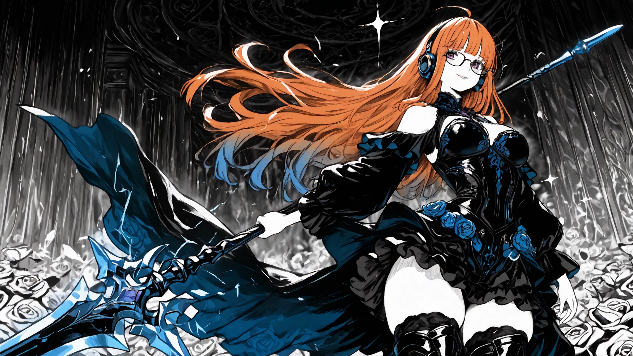 masterpiece, ultra highres, best quality, 1 girl, Futaba Sakura, elegant portrait pose, manga style with refined linework, standing gracefully with spear held loosely in one hand, other hand holding a blooming rose near her face, gentle confident smile, orange hair flowing naturally with delicate motion lines, head slightly tilted, purple eyes with detailed manga sparkle, Nero-inspired elegant dress rendered in crisp manga style: structured bodice with intricate cross-patterns and fine hatching detail, short dress with revealing neckline, decorative rose patterns along hem, exposed shoulders, layered frills on skirt drawn with flowing lines, fabric folds emphasized with precise screentone, thigh-high black stockings with delicate pattern details, ornate armored boots with metallic shine rendered in careful crosshatching, decorative arm sleeves with ribbon accents floating gently, small waist cape with subtle movement lines, ceremonial spear drawn with elegant clean lines, crystalline blade with refined highlight effects, subtle magical energy shown through delicate sparkle patterns, studio portrait style background with gentle blue gradient highlights, soft diagonal lighting effects, minimal speed lines for elegance, careful use of screentone for depth and atmosphere, refined monochromatic artwork with blue accents, sophisticated ink techniques, elegant manga composition, balanced contrast values, detailed fabric texturing, clean bold outlines, futabadef, orange hair, long hair, blunt bangs, glasses, ahoge, purple eyes, behind-the-head headphones, large breasts, thick thighs, tsolug, monochrome, greyscale, hatching \(texture\), (purple eyes and spear:1.2)