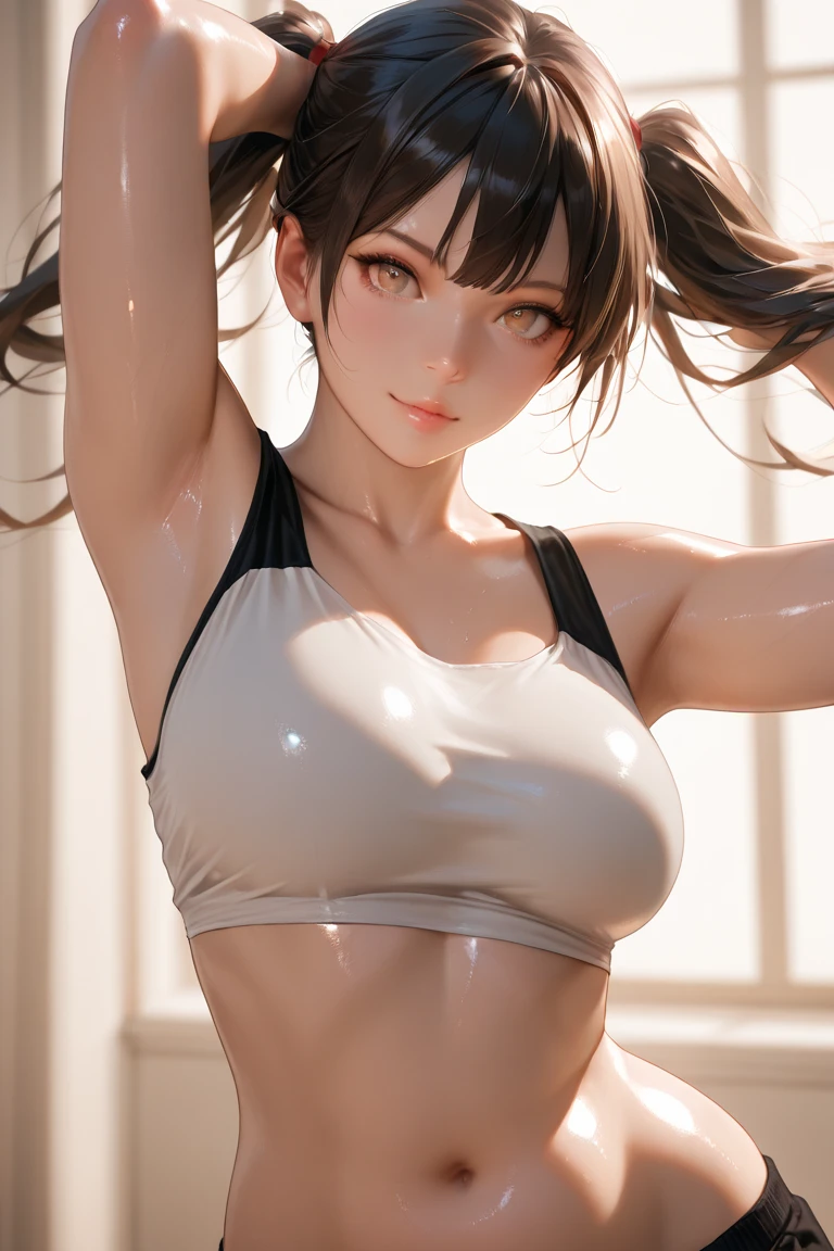 Adorable , Gorgeous , Beautiful , Russian Baby Face , (Large Colossal Breasts) , 30 Years Old , White Skin , (wearing sport bra ; 1.1) ,(very sweaty body, arms up, sweet armpits, detailed armpits) , Front Facing , Potrait ,((hit by spotlight: 1.4)) ((Muscles:1.1)) , Long Hair Bangs , Blue Eye , , ((Night:1.3)) , Standing, (full body shoot) , HDR , Ultra Detailed , EF 24-70mm f/2.8L II USM