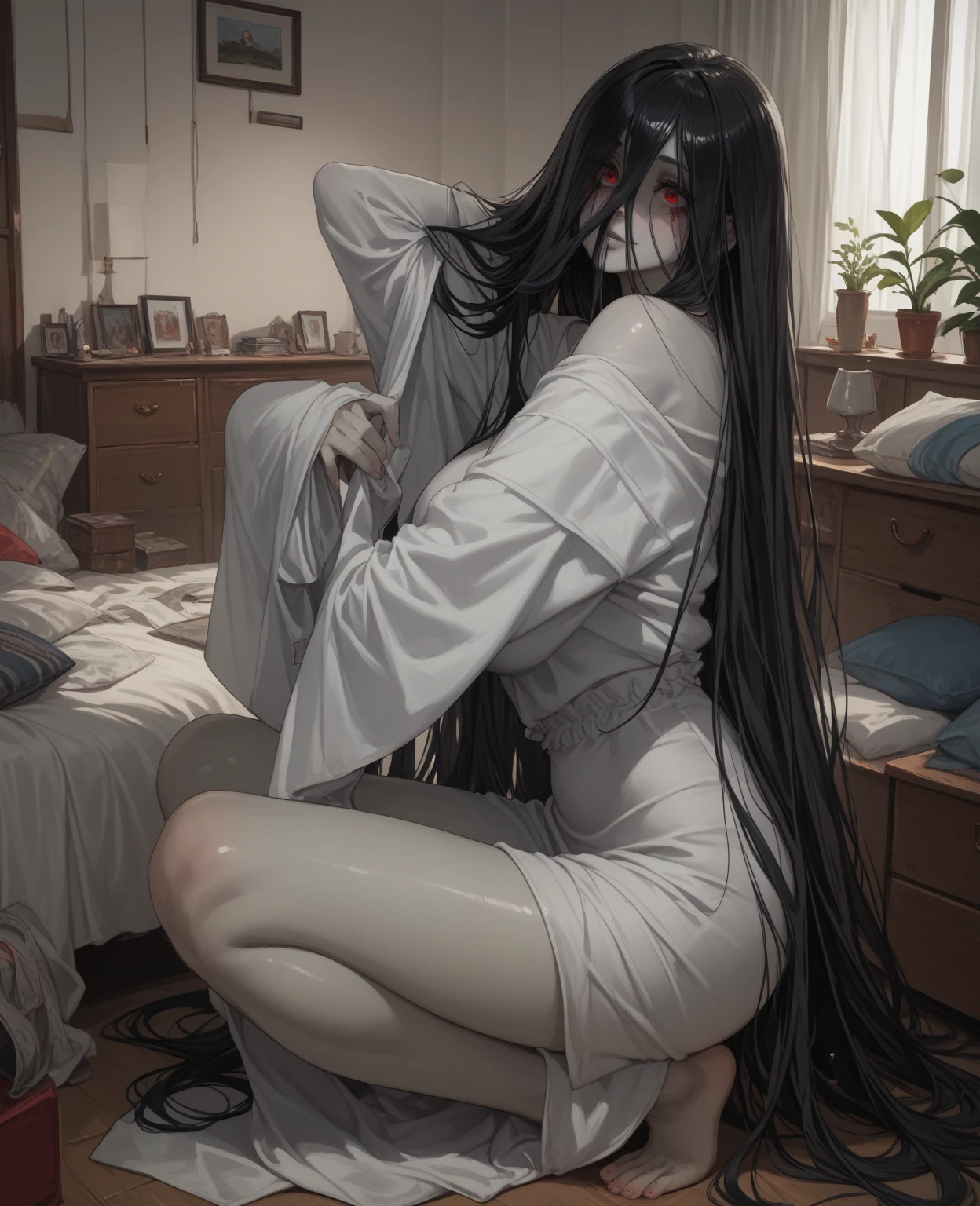 score_9,score_8_up,score_7_up,8k,hd,red background,,ruyanyi0662,dirty,hair over eyes,white robe,sleeves past wrists,very long hair,squatting,hair covering facial features,<lora:0662 yamamura sadako_pony:1>