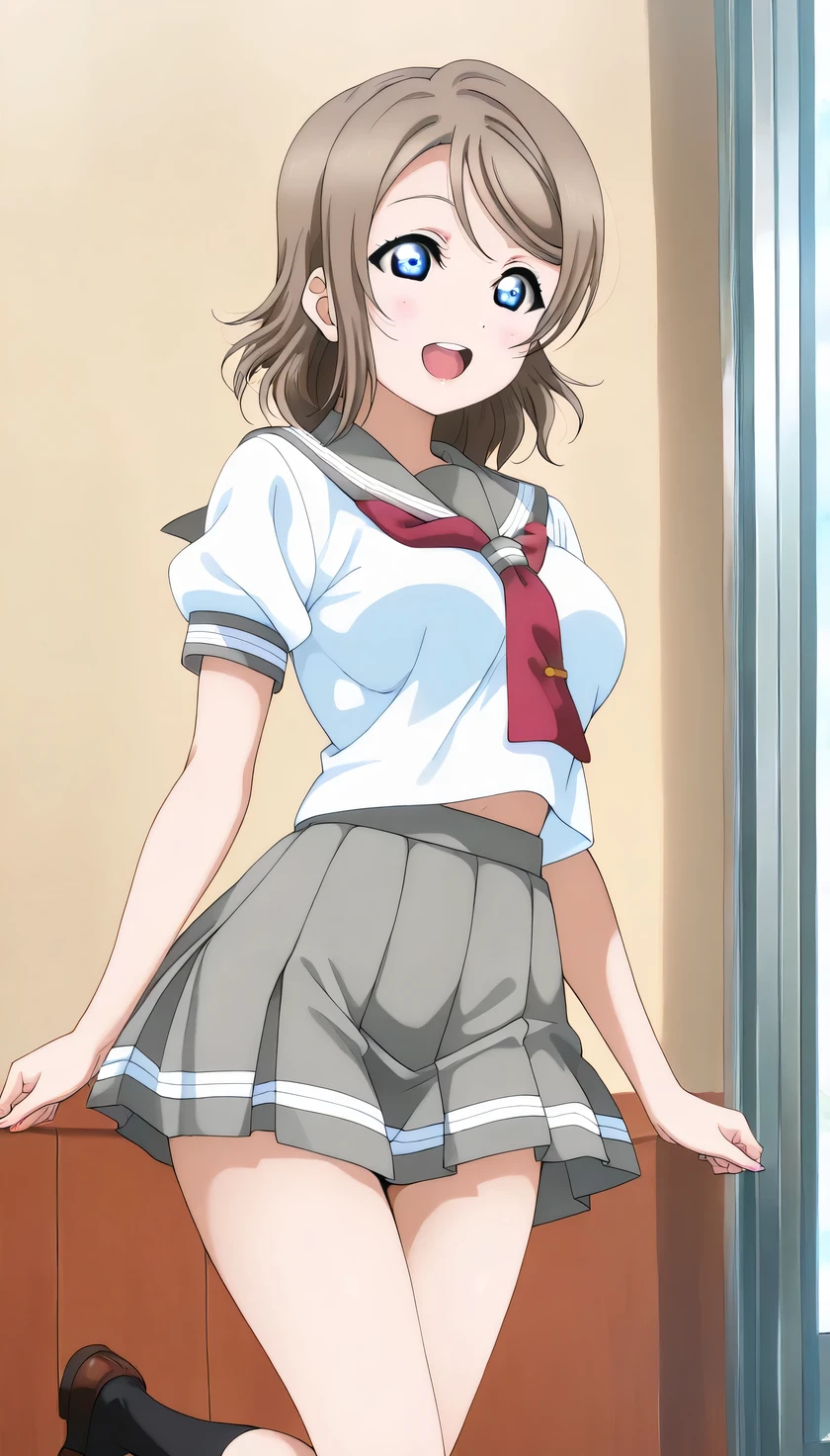 {{{masterpiece}}}, (best quality:1.5), (ultra-detailed:1.5), {illustration}, {{an extremely delicate and beautiful}}, (beautiful detailed eyes:1.2), absurdres, highres, extremely detailed face, 16k, hd, visual anime de uma jovem mulher, extremamente bonito rosto de anime, anime melhor garota, (perfect hands, perfect anatomy), anime face, watanabe you(love live! school idol project), you watanabe(love live! sunshine!!), 1girl, solo, cute face, light brown hair, medium hair, wavy hair, swept bangs, sidelocks, blue eyes, (High resolution eyes, Beautiful eyes, Light in the eyes), slender, medium breasts, big hips, curvaceous, BREAK, {School uniform}, {{{Uranohoshi Girls' High School uniform}}}, {white serafuku}, summer uniform, white shirt, short sleeves, gray collar, (red neckerchief:1.2), mini skirt, pleated skirt, {gray skirt}, black socks,