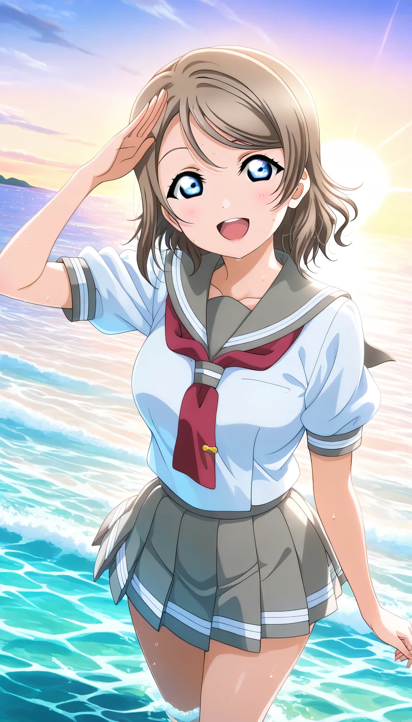{{{masterpiece}}}, (best quality:1.5), (ultra-detailed:1.5), {illustration}, {{an extremely delicate and beautiful}}, (beautiful detailed eyes:1.2), absurdres, highres, extremely detailed face, 16k, hd, visual anime de uma jovem mulher, extremamente bonito rosto de anime, anime melhor garota, (perfect hands, perfect anatomy), anime face, watanabe you(love live! school idol project), you watanabe(love live! sunshine!!), 1girl, solo, cute face, light brown hair, medium hair, wavy hair, swept bangs, sidelocks, blue eyes, (High resolution eyes, Beautiful eyes, Light in the eyes), slender, medium breasts, big hips, curvaceous, BREAK, {School uniform}, {{{Uranohoshi Girls' High School uniform}}}, {white serafuku}, summer uniform, white shirt, short sleeves, gray collar, (red neckerchief:1.2), mini skirt, pleated skirt, {gray skirt}, black socks, BREAK, sorriso alegre, open mouth, Salute, visual anime de uma jovem mulher, extremamente bonito rosto de anime, anime melhor garota, outdoor, shallow water, sunlight, summer, outdoor, sky, sea, daytime, beach, nicebeach, Dutch angle, Super shiny hair and skin, (Sweaty body, Dynamism), on the sea, cowboy shot, peer in from below