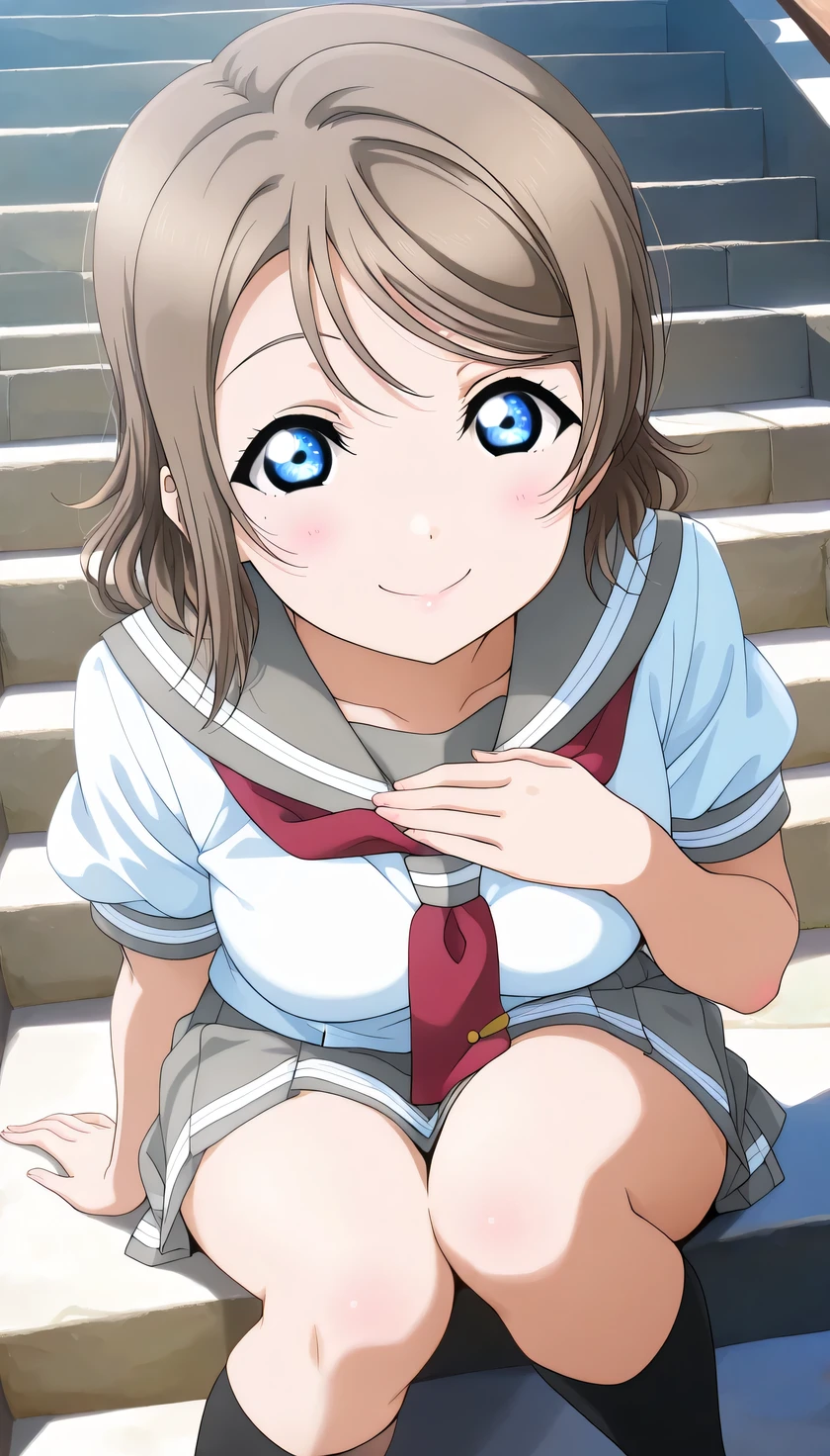 {{{masterpiece}}}, (best quality:1.5), (ultra-detailed:1.5), {illustration}, {{an extremely delicate and beautiful}}, (beautiful detailed eyes:1.2), absurdres, highres, extremely detailed face, 16k, hd, visual anime de uma jovem mulher, extremamente bonito rosto de anime, anime melhor garota, (perfect hands, perfect anatomy), anime face, watanabe you(love live! school idol project), you watanabe(love live! sunshine!!), 1girl, solo, cute face, light brown hair, medium hair, wavy hair, swept bangs, sidelocks, blue eyes, (High resolution eyes, Beautiful eyes, Light in the eyes), slender, medium breasts, big hips, curvaceous, BREAK, {School uniform}, {{{Uranohoshi Girls' High School uniform}}}, {white serafuku}, summer uniform, white shirt, short sleeves, gray collar, (red neckerchief:1.2), mini skirt, pleated skirt, {gray skirt}, black socks, BREAK, (sit on the stairs:1.2), face focus, Looks happy, upturned eyes, flushed cheeks, looking at viewer, covering chest by one hand, knees together feet apart, sit, outdoor, daytime, shinto shrine