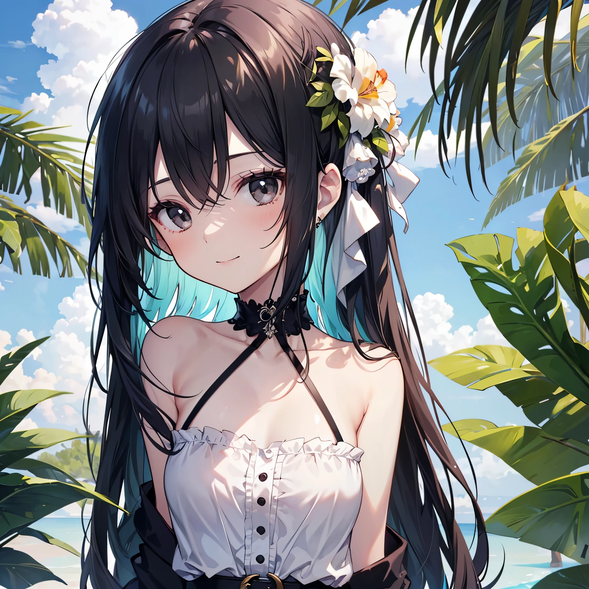 ((17years old girl:1.2)), masterpiece, best quality, braid hair, black hair, (portrait), shiny gray eyes, white onepiece swimsuit dress, palace,outdoors, garden, beach,perfect hands,(pastel orange),looking front,((Large and gorgeous earrings:1.1)),smile,((Braiding:1.2)),(NSFW:1.05),(half Full body:1.3),(Small breasts:1.25)