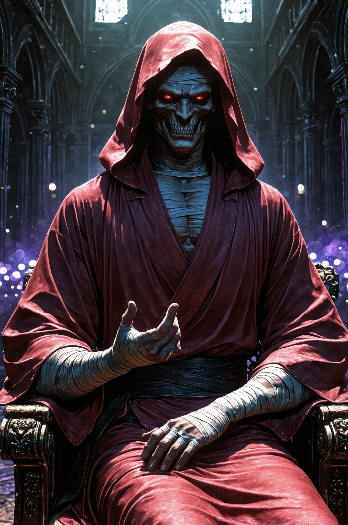 The Elder at the Limit, Looks Like a Mummy, Gender Unknown, Wearing an Old Robe, sitting in luxury chairs, High Quality,4K,8K,ultra-fine detail,Realistic,like the picture,HDR,UHD,Studio Writing,Ultra Fine Paintings,sharp focus,Physically Based Rendering,Professional,Vivid Colors,Bokeh Background Antique Atmosphere,mysterious,dark fantasy,in dark tones,A haggard look,Moaning Gesture,Distorted Limbs,Rag Robe, ruined background ,Gothic Structure,Red and Purple Tones,Dramatic Lighting