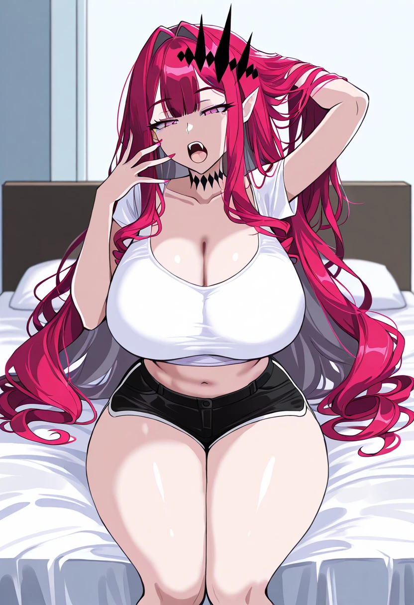 masterpiece, best quality, intricate, absurdres, 1girl, solo, looking at viewer, cowboy shot, <lora:Ilulu:1>, Ilulu, ilulu \(maidragon\), red eyes, slit pupils, pointy ears, yellow horns, curled horns, dragon horns, black shirt, long shirt, short sleeves, black thighhighs, twin drills, drill hair, huge breasts, skindentation, (indoors, dimly lit), excited, open mouth, fang, lying, from above, arms up, on bed, on back, spread legs, black panties,