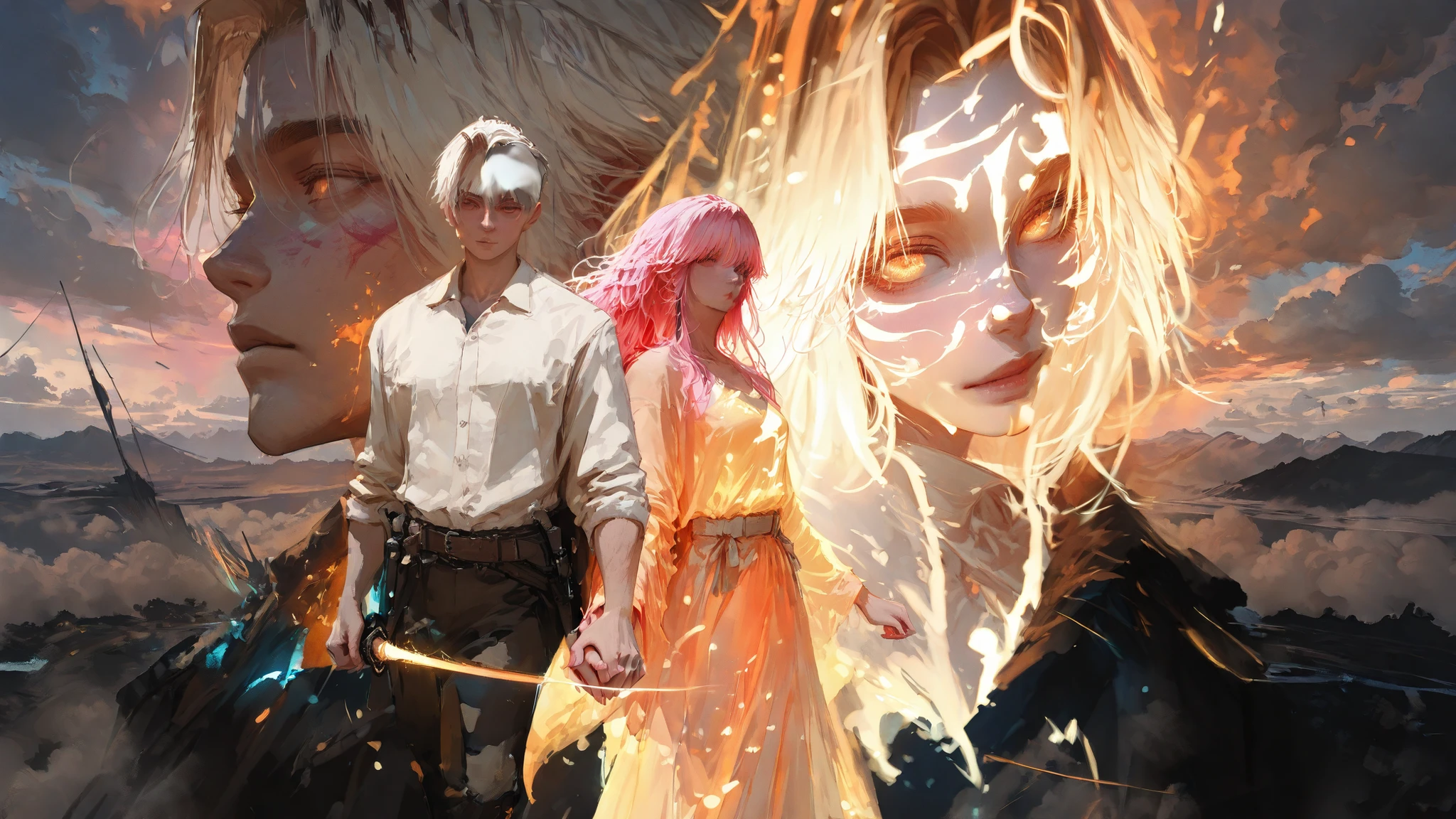 on the left man,masculine gender, very charismatic and brutal man , Alpha male, on the left, the girl, Better quality, Ultimate Quality, appearance does not change, more details, rich colors,glowing textures, extremely detailed, High detail, Better quality, High quality, more details, realistic hair, realistic eyes, rich bright colors, combat readiness, glowing textures, Appearance does not change, thick clouds , bright and beautiful paint, clearer faces, very detailed faces both characters,so that nothing is smeared,have a gorgeous couple of man and woman standing holding hands