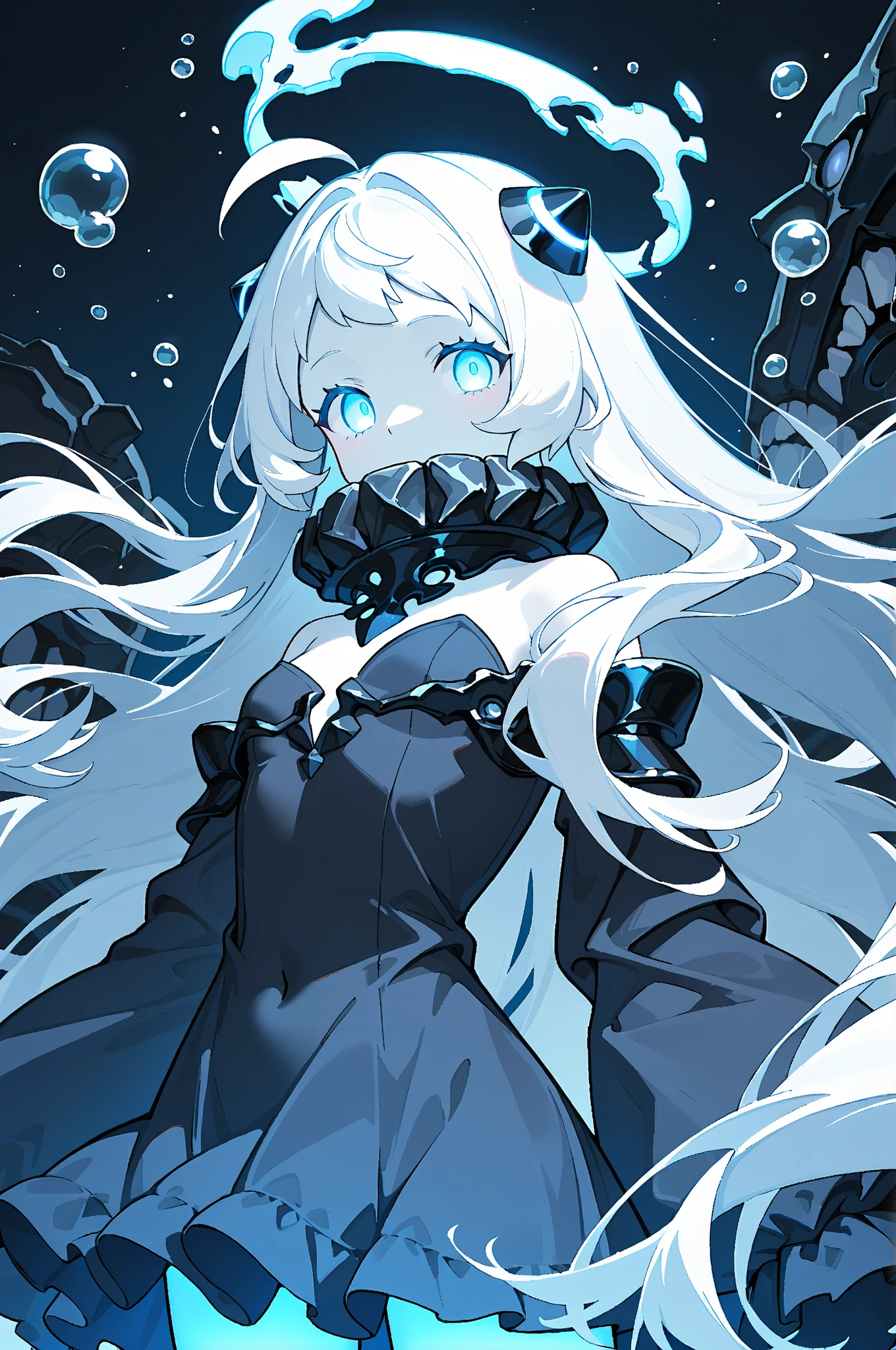 abyssal_saint, glowing_halo, deep_sea_ruins, bioluminescent_corals, drifting_bubbles, eerie_glow