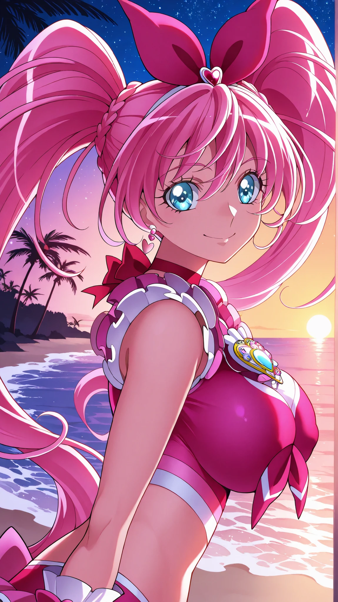 Cure Melody,official style,BIG BREASTS,Smile Yan,night,starry sky,beach,character,Official Design,big boobs,Smile,night空, full of stars,Coast, on the edge of the waves,evening,sunset,Sandy Beach,palm trees
